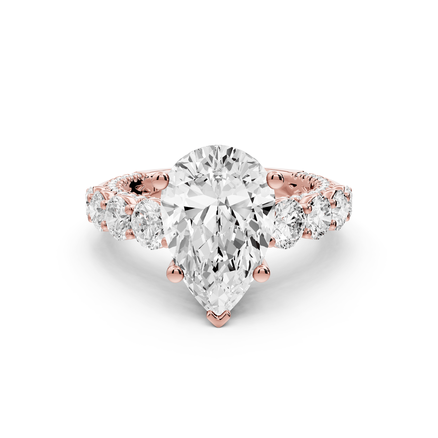 Rocio - 3ct 14k rose gold Pear Hidden Halo Engagement Ring with Graduated Side Stones and Double Pavé Band - Mr. Alex Jewelry