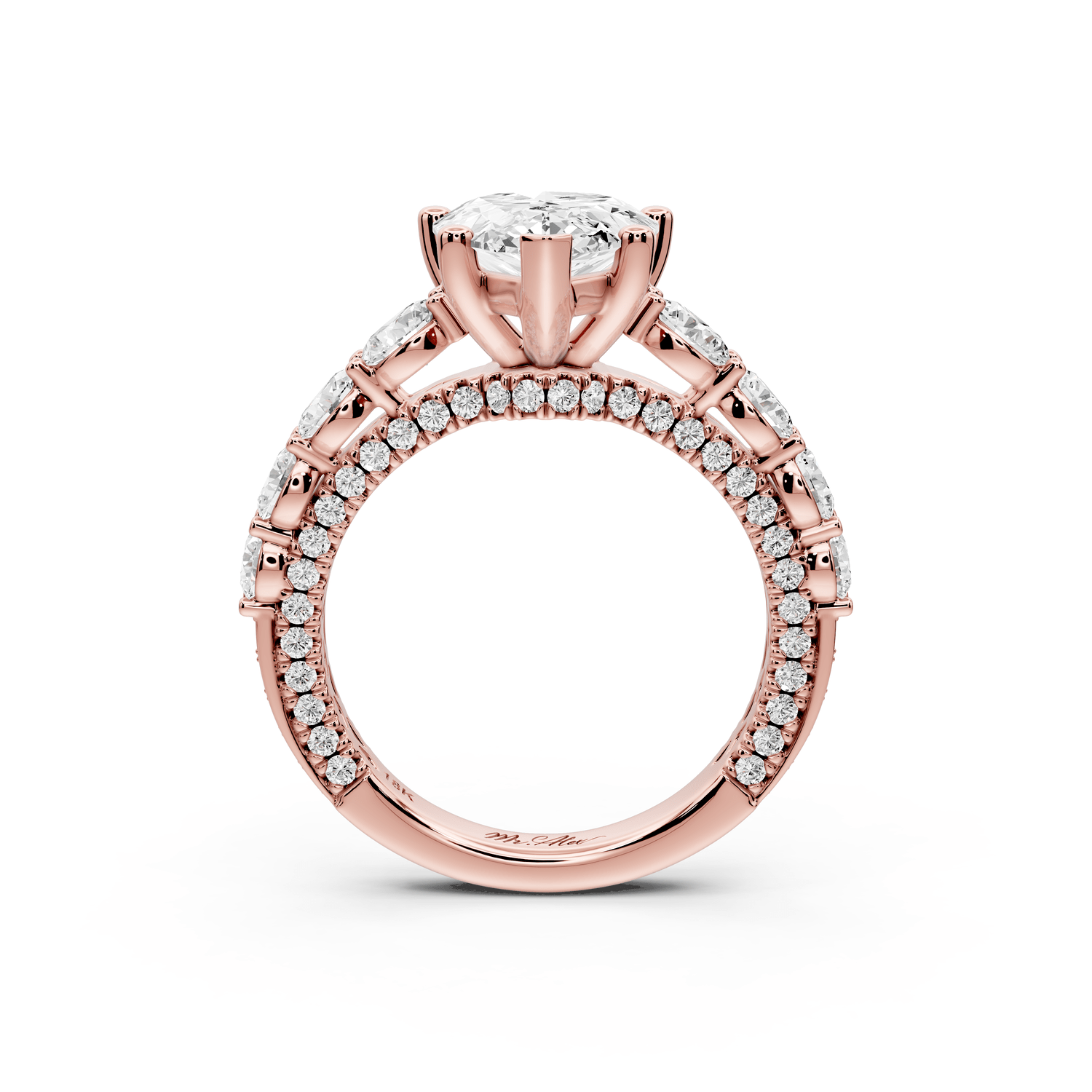 Rocio - 3ct 14k rose gold Pear Hidden Halo Engagement Ring with Graduated Side Stones and Double Pavé Band - Mr. Alex Jewelry