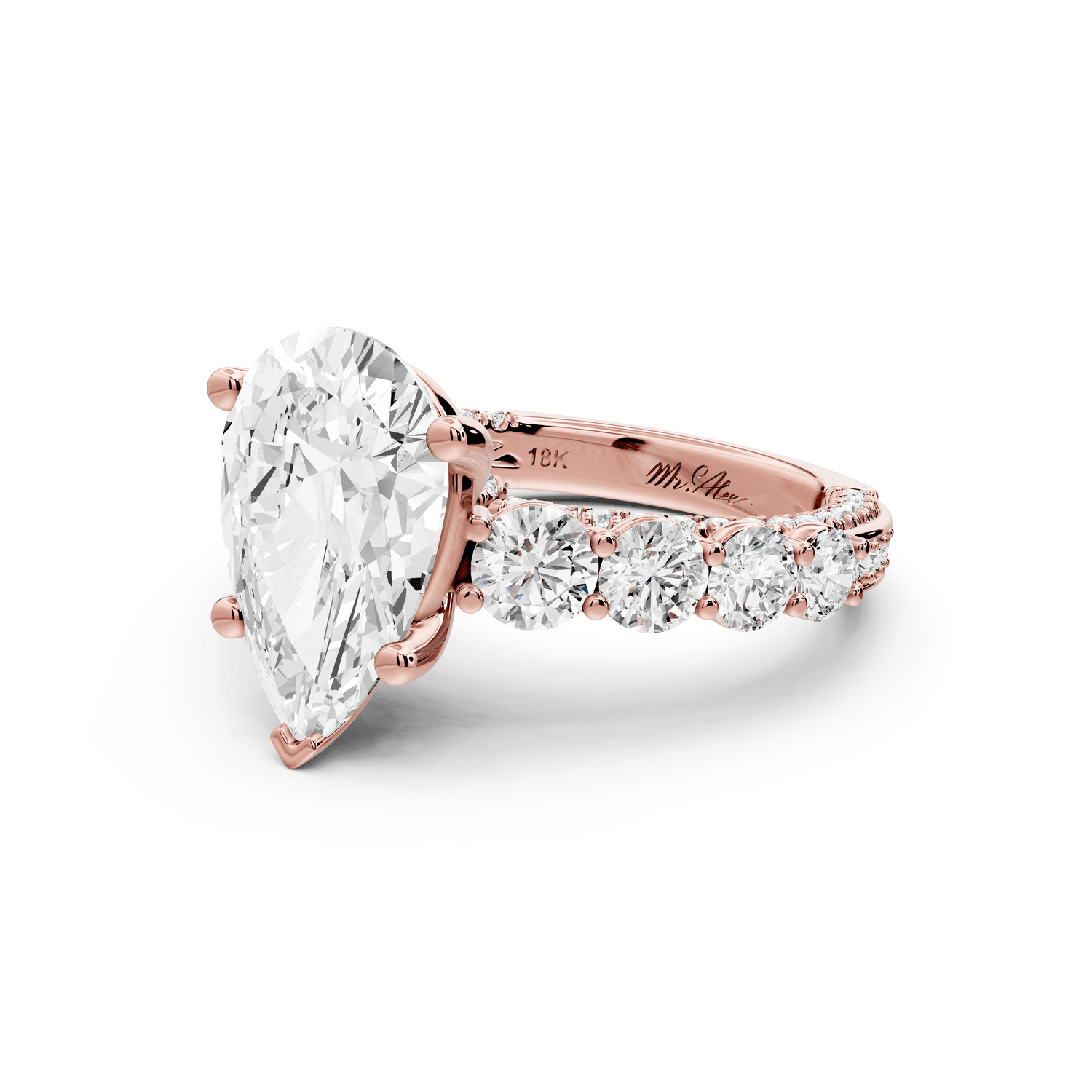 Rocio - 3ct 14k rose gold Pear Hidden Halo Engagement Ring with Graduated Side Stones and Double Pavé Band - Mr. Alex Jewelry
