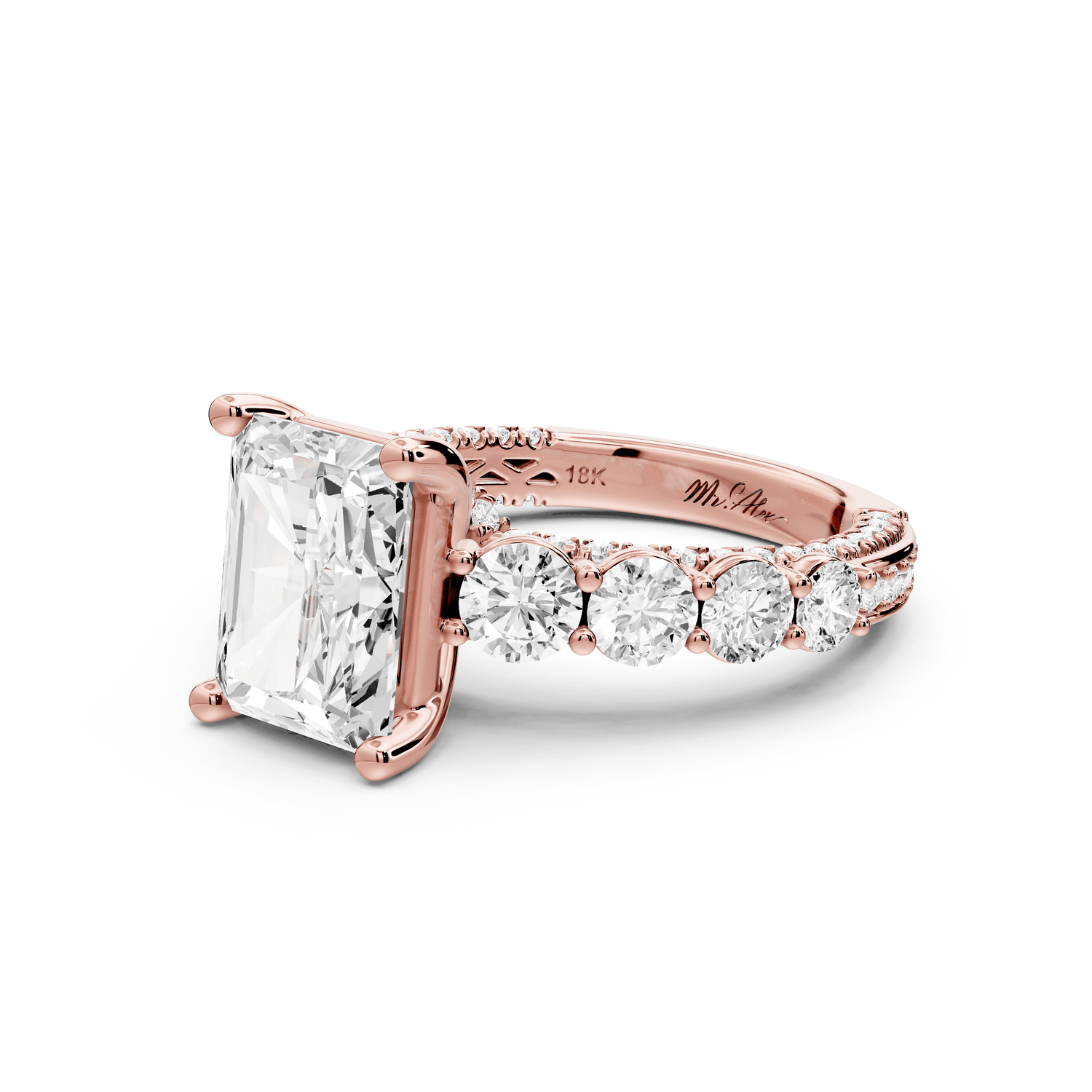 Rocio - 3ct 14k rose gold Radiant Hidden Halo Engagement Ring with Graduated Side Stones and Double Pavé Band - Mr. Alex Jewelry