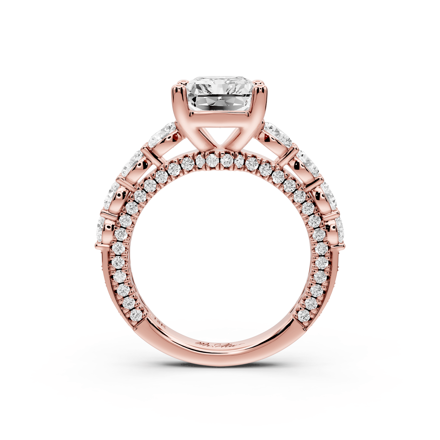 Rocio - 3ct 14k rose gold Radiant Hidden Halo Engagement Ring with Graduated Side Stones and Double Pavé Band - Mr. Alex Jewelry
