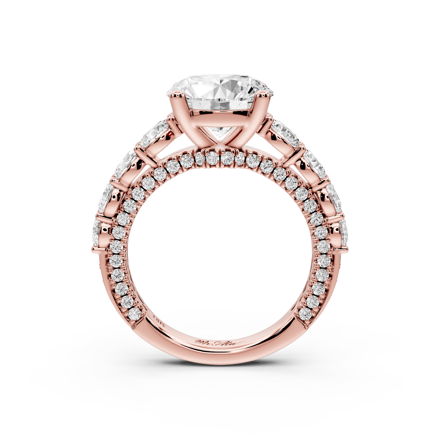 Rocio - 3ct 14k rose gold Round Hidden Halo Engagement Ring with Graduated Side Stones and Double Pavé Band - Mr. Alex Jewelry