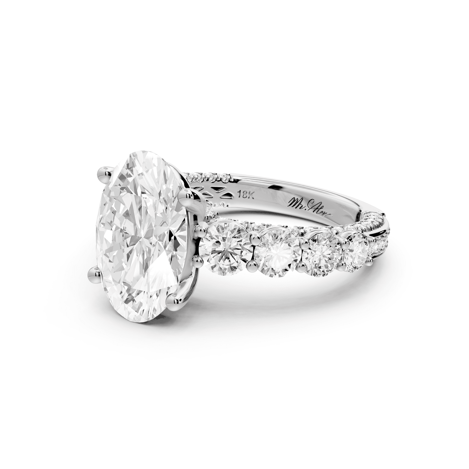 Rocio - 3ct 14k white gold Oval Hidden Halo Engagement Ring with Graduated Side Stones and Double Pavé Band - Mr. Alex Jewelry