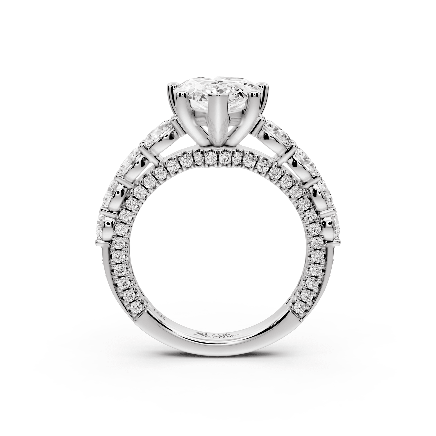 Rocio - 3ct 14k white gold Pear Hidden Halo Engagement Ring with Graduated Side Stones and Double Pavé Band - Mr. Alex Jewelry