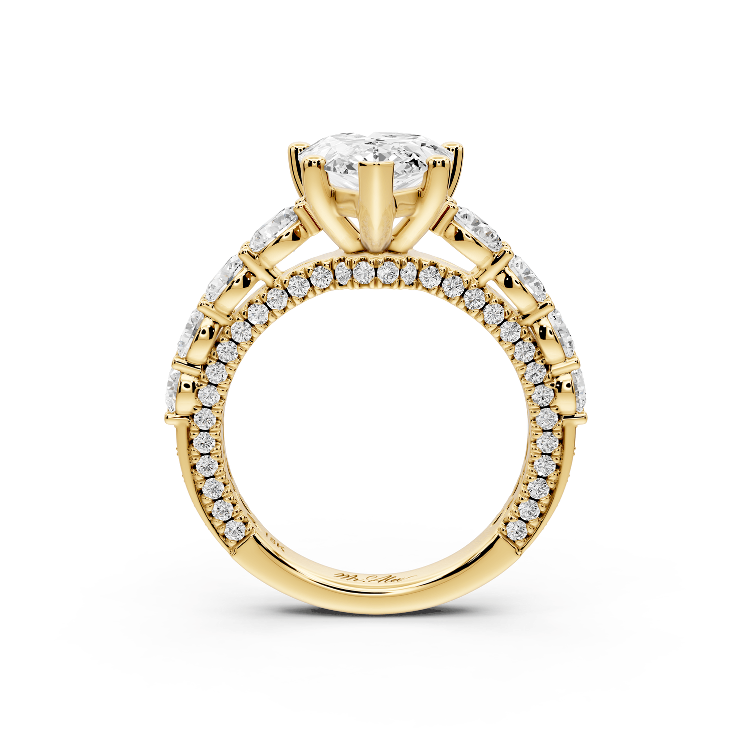 Rocio - 3ct 14k yellow gold Pear Hidden Halo Engagement Ring with Graduated Side Stones and Double Pavé Band - Mr. Alex Jewelry