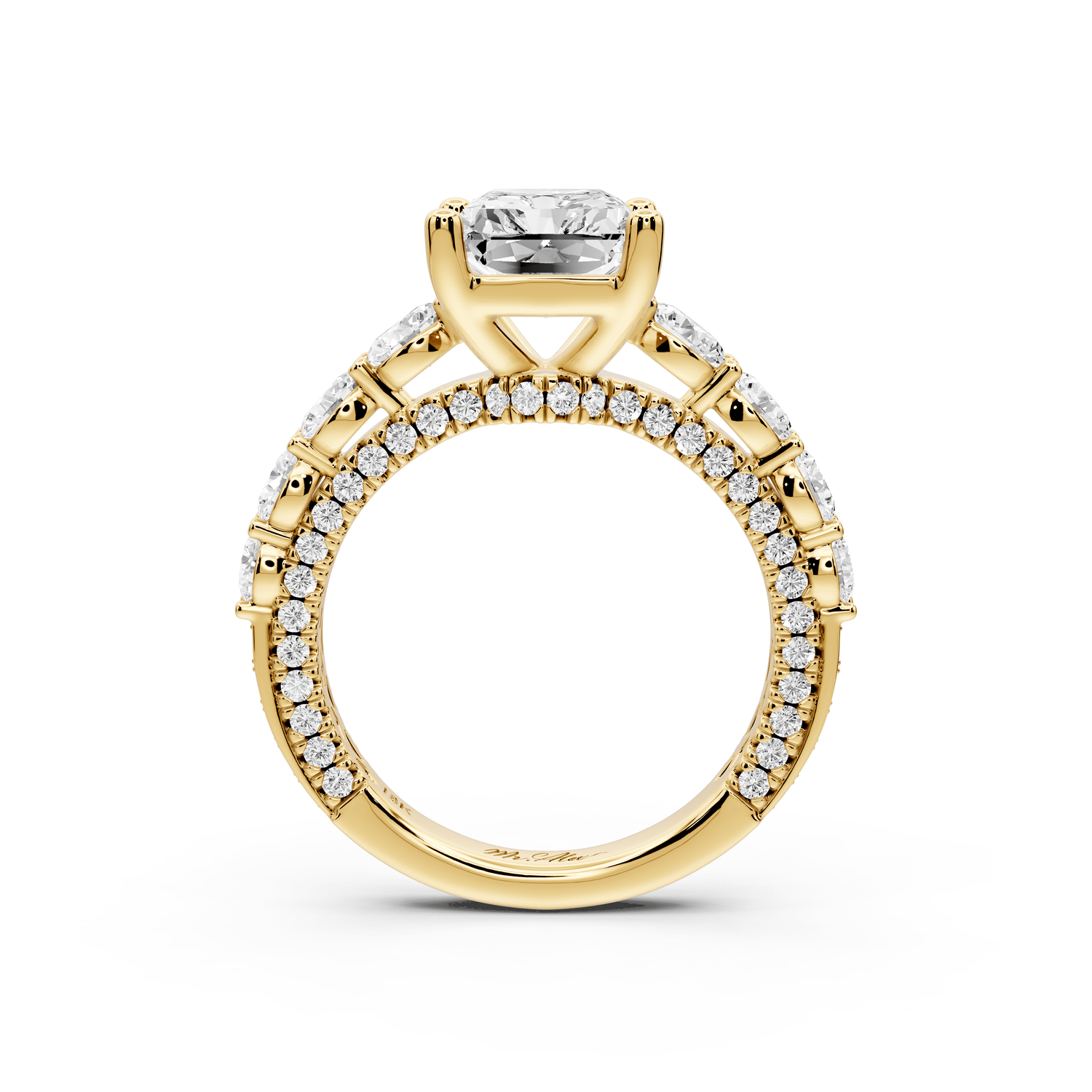 Rocio - 3ct 14k yellow gold Radiant Hidden Halo Engagement Ring with Graduated Side Stones and Double Pavé Band - Mr. Alex Jewelry