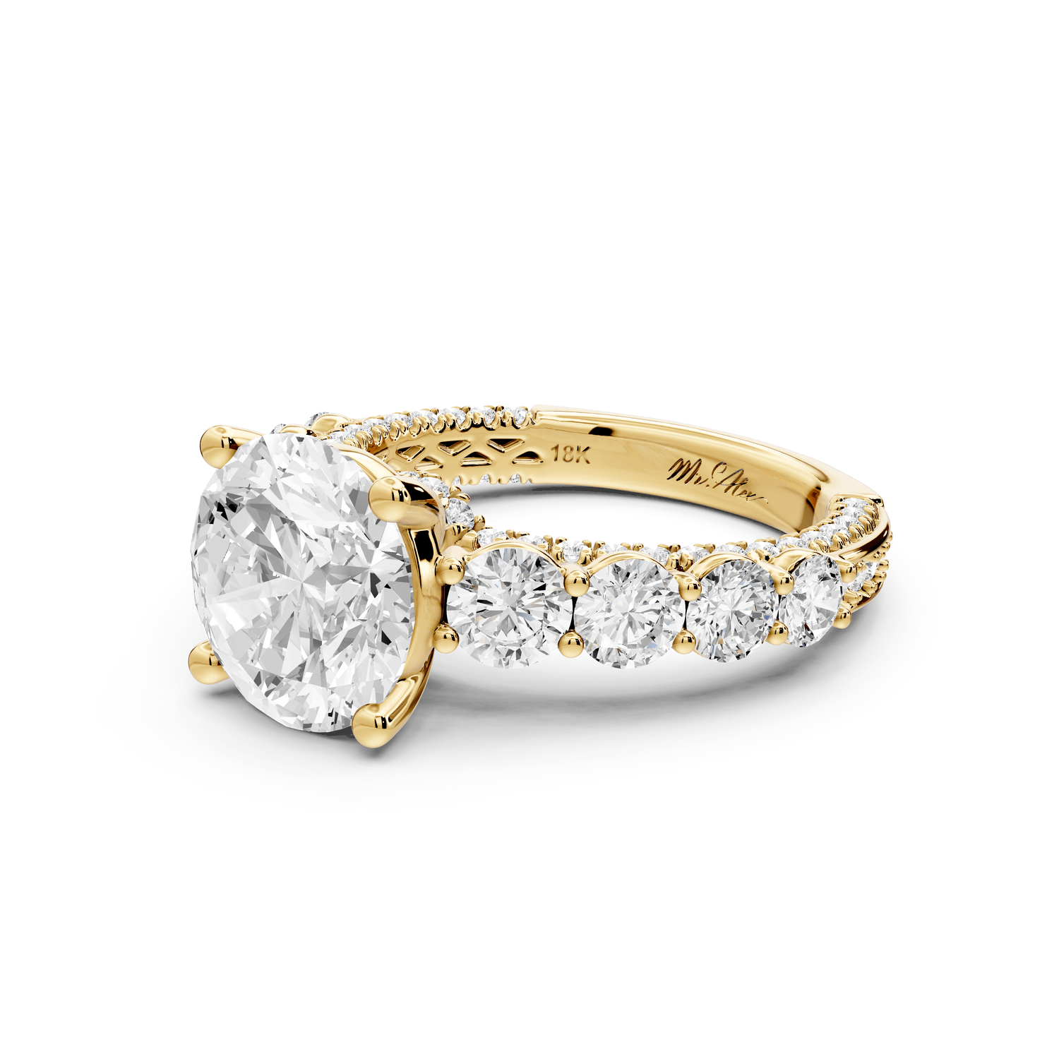 Rocio - 3ct 14k yellow gold Round Hidden Halo Engagement Ring with Graduated Side Stones and Double Pavé Band - Mr. Alex Jewelry