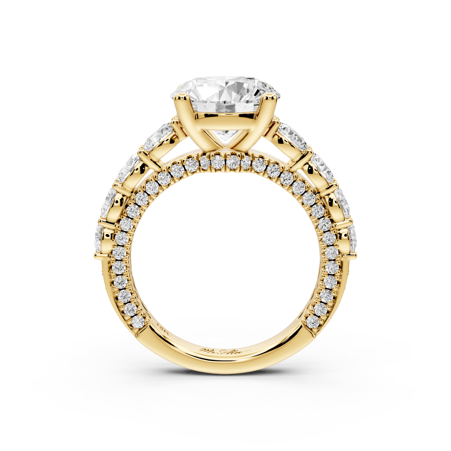 Rocio - 3ct 14k yellow gold Round Hidden Halo Engagement Ring with Graduated Side Stones and Double Pavé Band - Mr. Alex Jewelry