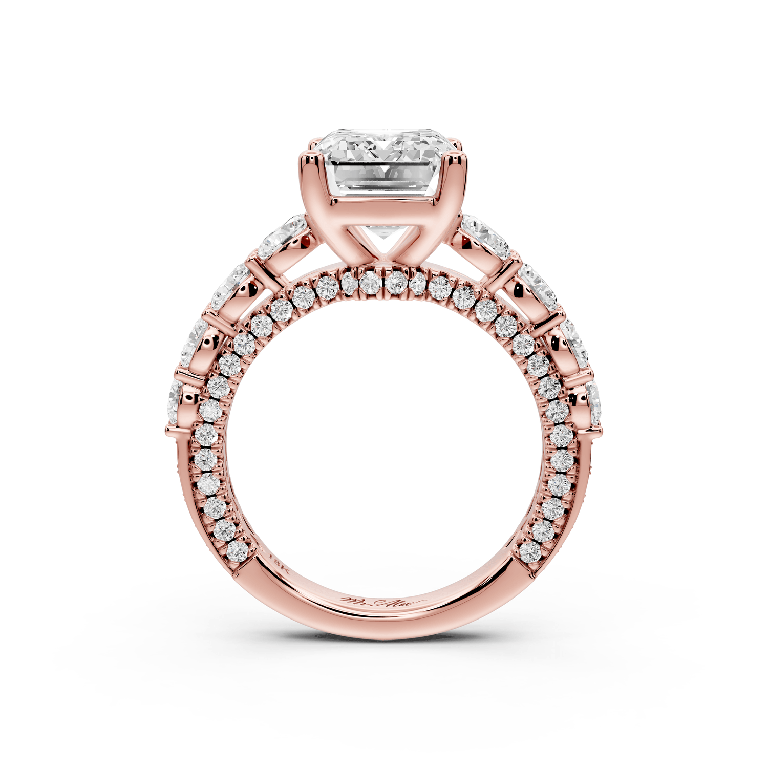 Rocio - 3ct 18k rose gold Emerald Hidden Halo Engagement Ring with Graduated Side Stones and Double Pavé Band - Mr. Alex Jewelry