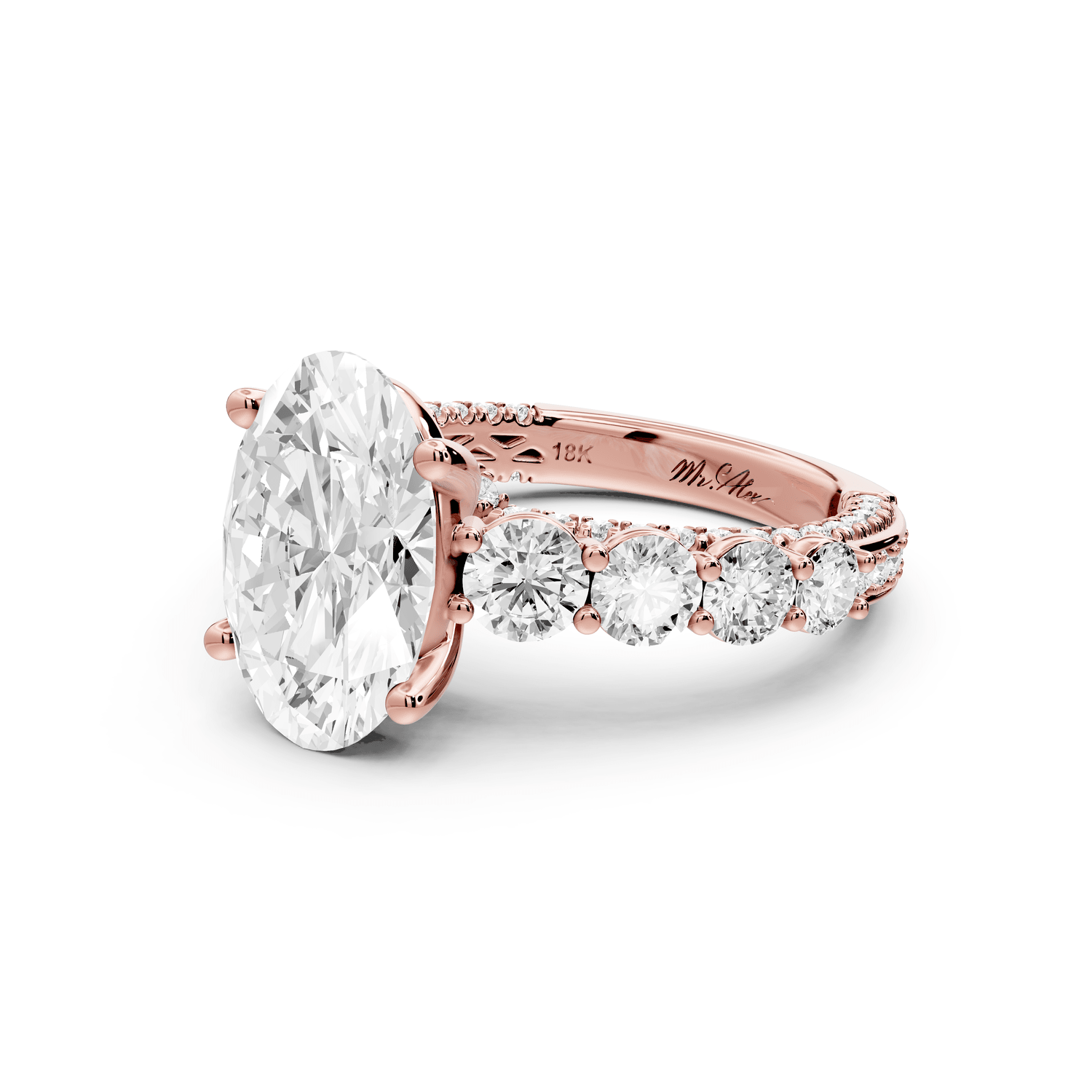 Rocio - 3ct 18k rose gold Oval Hidden Halo Engagement Ring with Graduated Side Stones and Double Pavé Band - Mr. Alex Jewelry