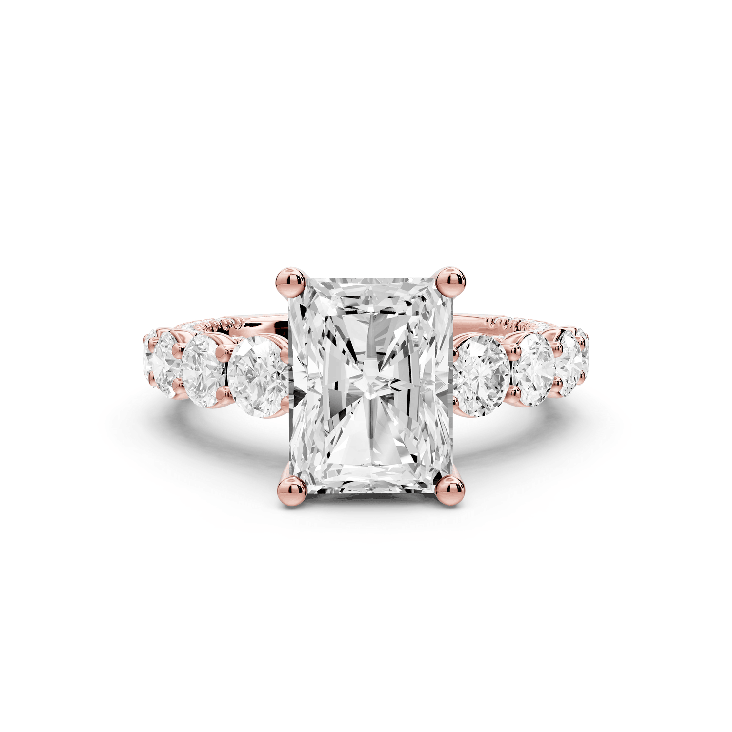 Rocio - 3ct 18k rose gold Radiant Hidden Halo Engagement Ring with Graduated Side Stones and Double Pavé Band - Mr. Alex Jewelry