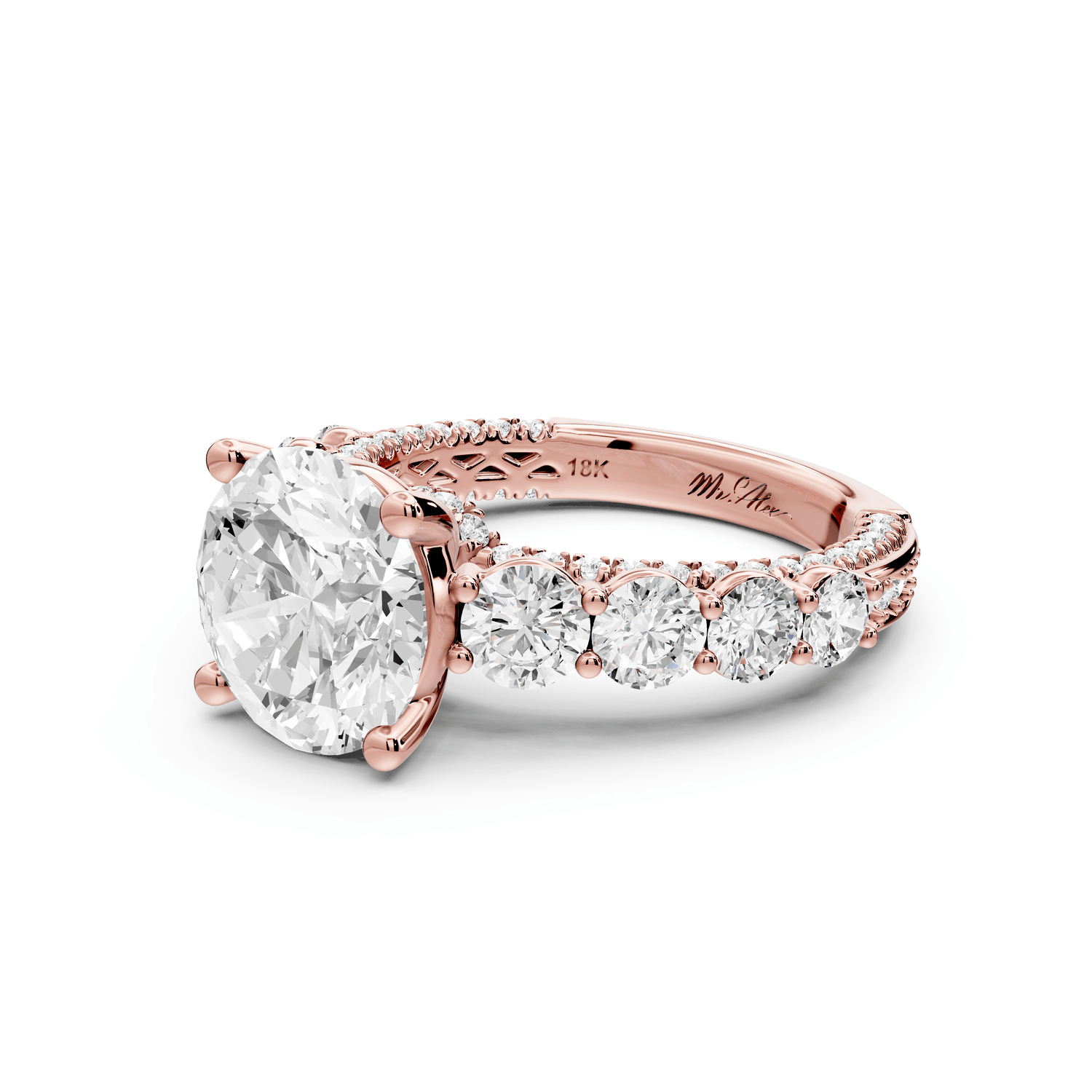Rocio - 3ct 18k rose gold Round Hidden Halo Engagement Ring with Graduated Side Stones and Double Pavé Band - Mr. Alex Jewelry
