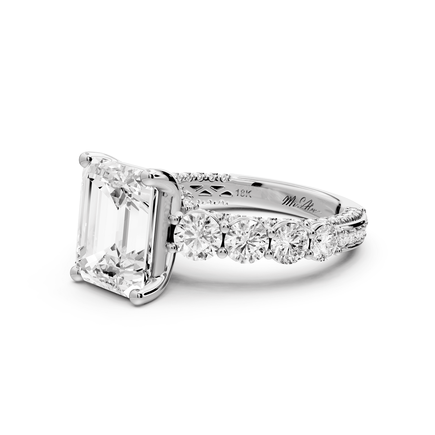 Rocio - 3ct 18k white gold Emerald Hidden Halo Engagement Ring with Graduated Side Stones and Double Pavé Band - Mr. Alex Jewelry