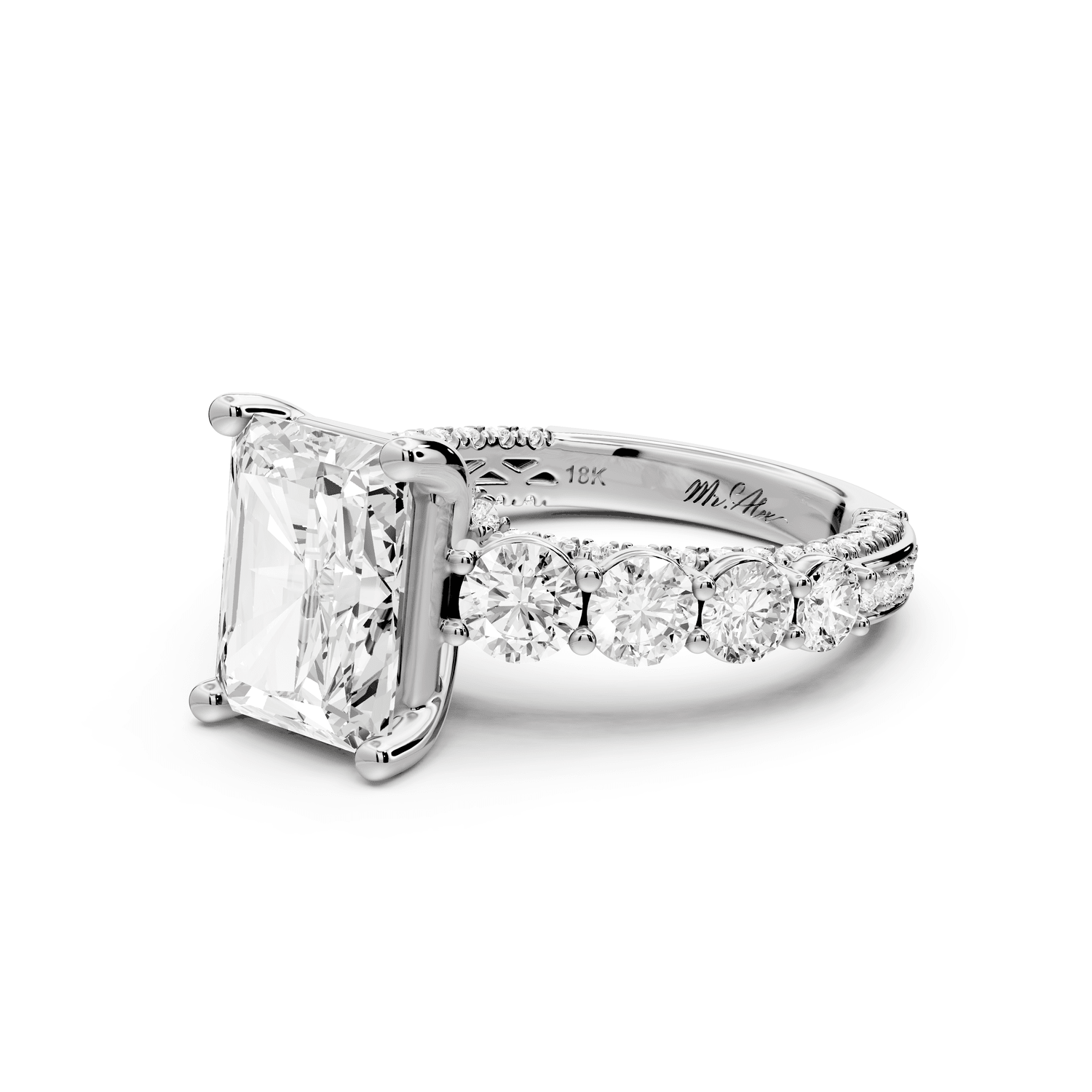 Rocio - 3ct 18k white gold Radiant Hidden Halo Engagement Ring with Graduated Side Stones and Double Pavé Band - Mr. Alex Jewelry