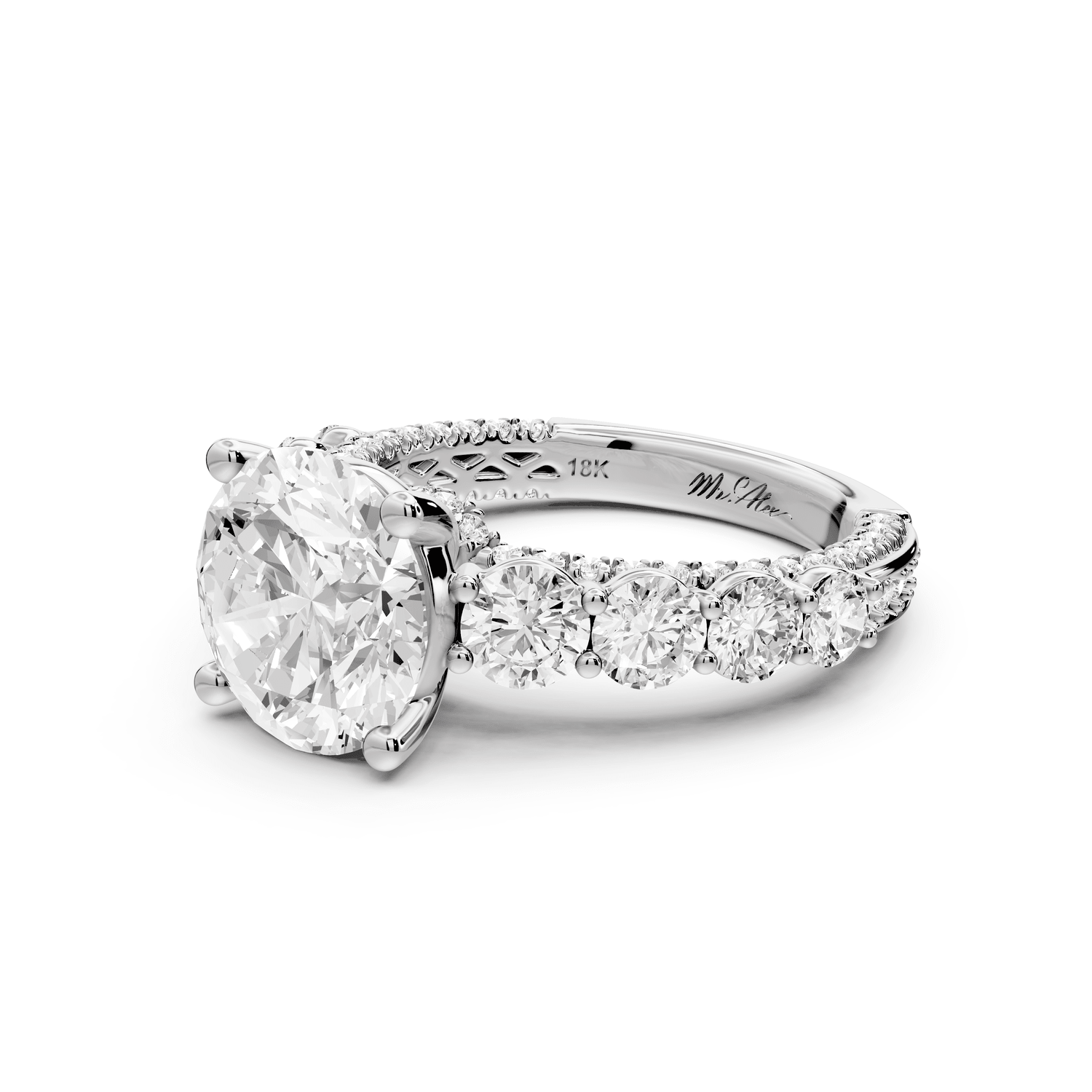 Rocio - 3ct 18k white gold Round Hidden Halo Engagement Ring with Graduated Side Stones and Double Pavé Band - Mr. Alex Jewelry