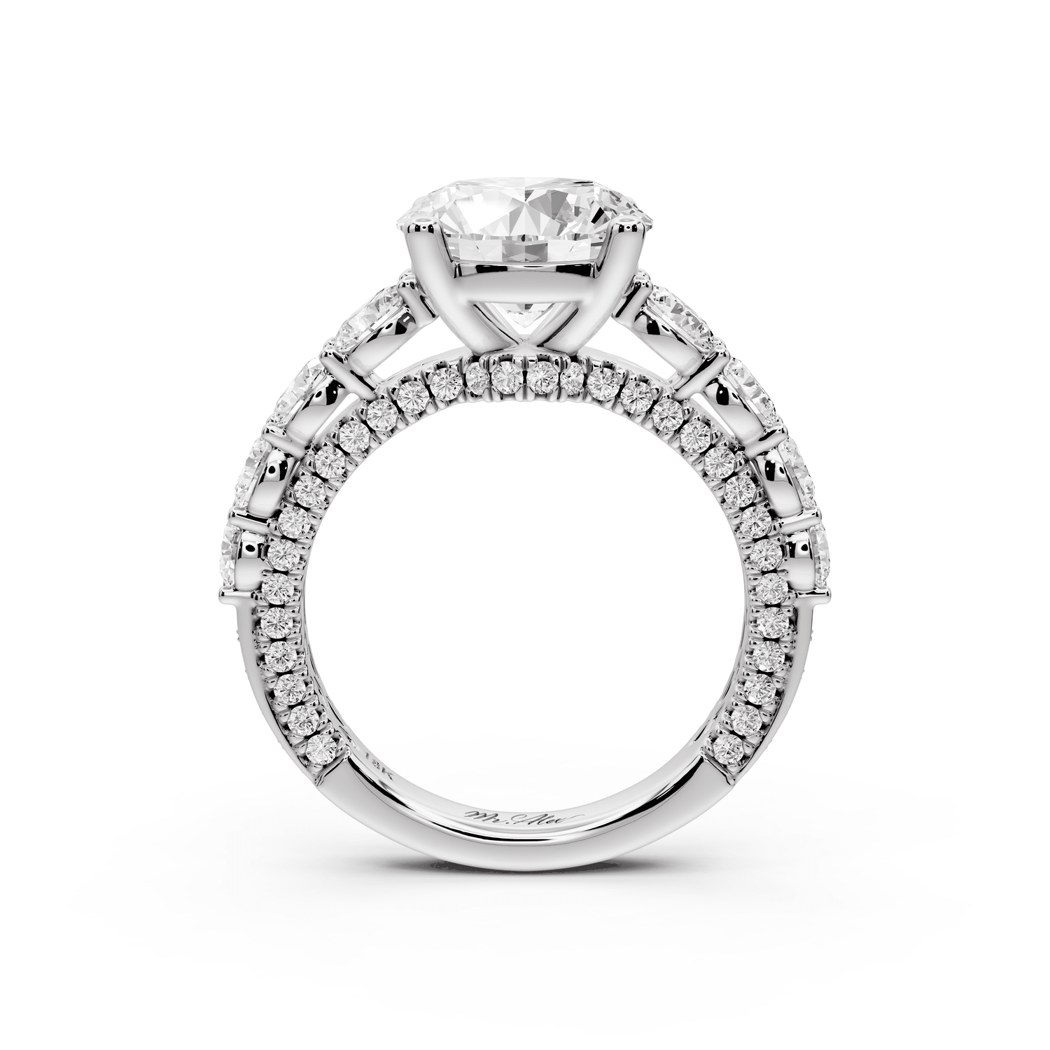 Rocio - 3ct 18k white gold Round Hidden Halo Engagement Ring with Graduated Side Stones and Double Pavé Band - Mr. Alex Jewelry