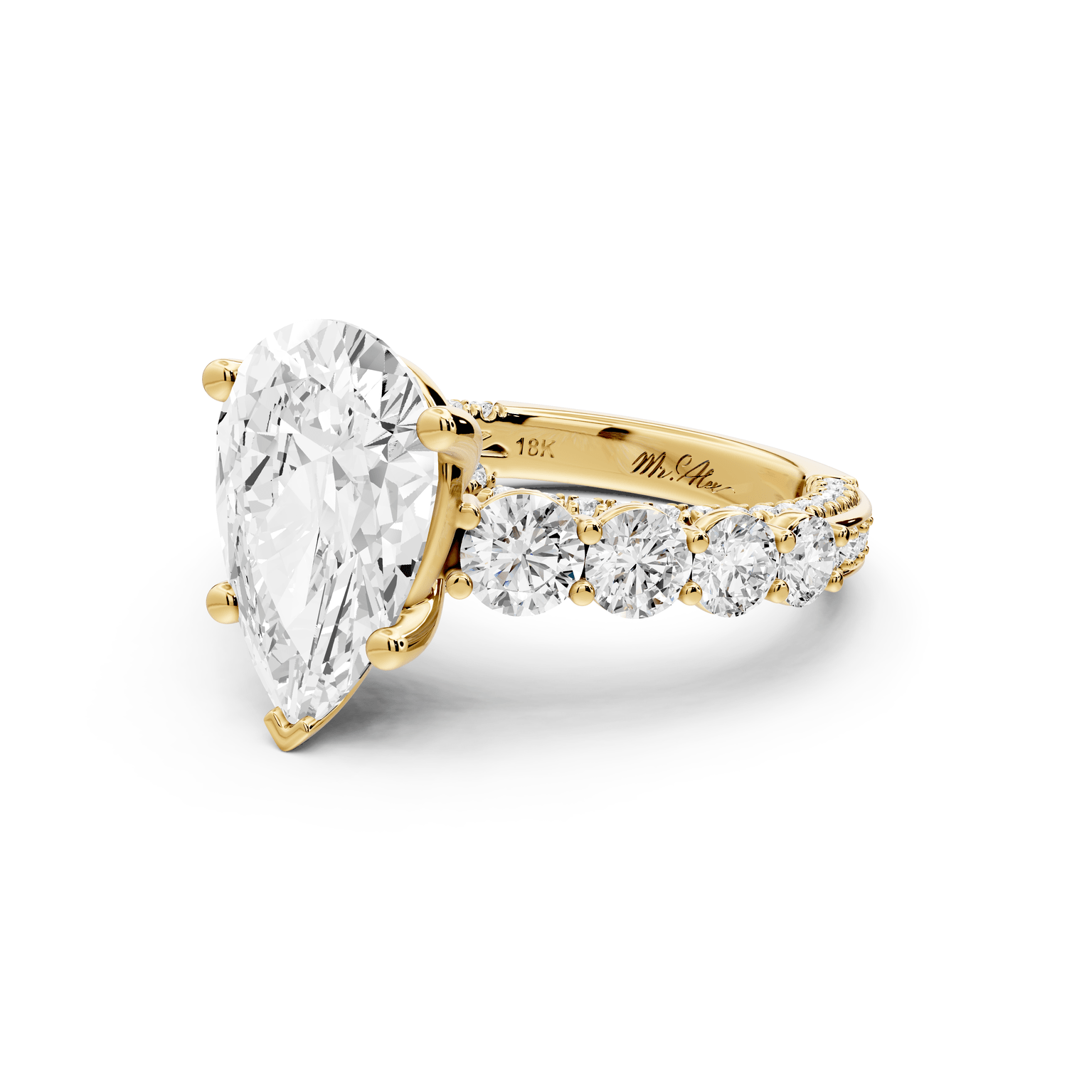 Rocio - 3ct 18k yellow gold Pear Hidden Halo Engagement Ring with Graduated Side Stones and Double Pavé Band - Mr. Alex Jewelry