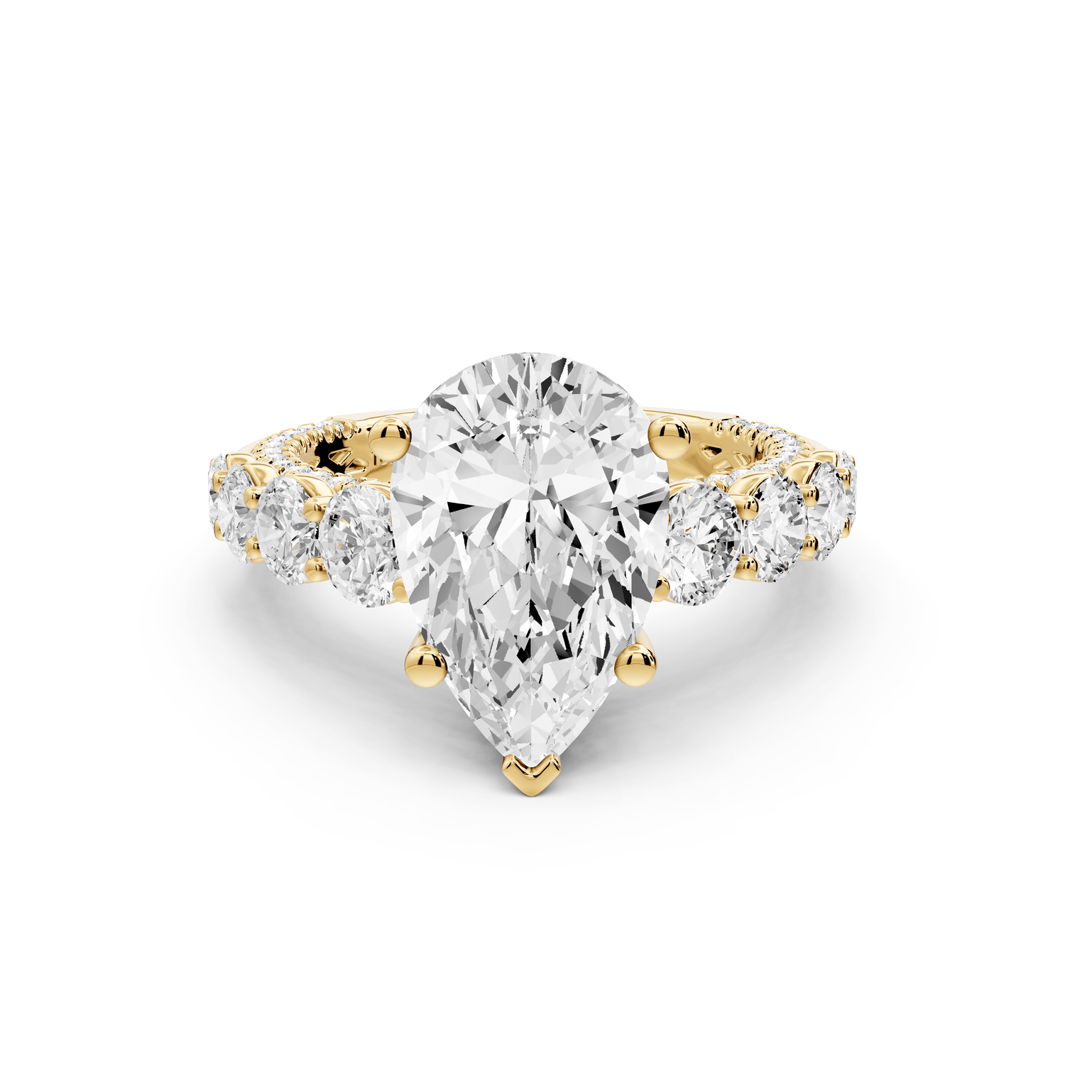 Rocio - 3ct 18k yellow gold Pear Hidden Halo Engagement Ring with Graduated Side Stones and Double Pavé Band - Mr. Alex Jewelry