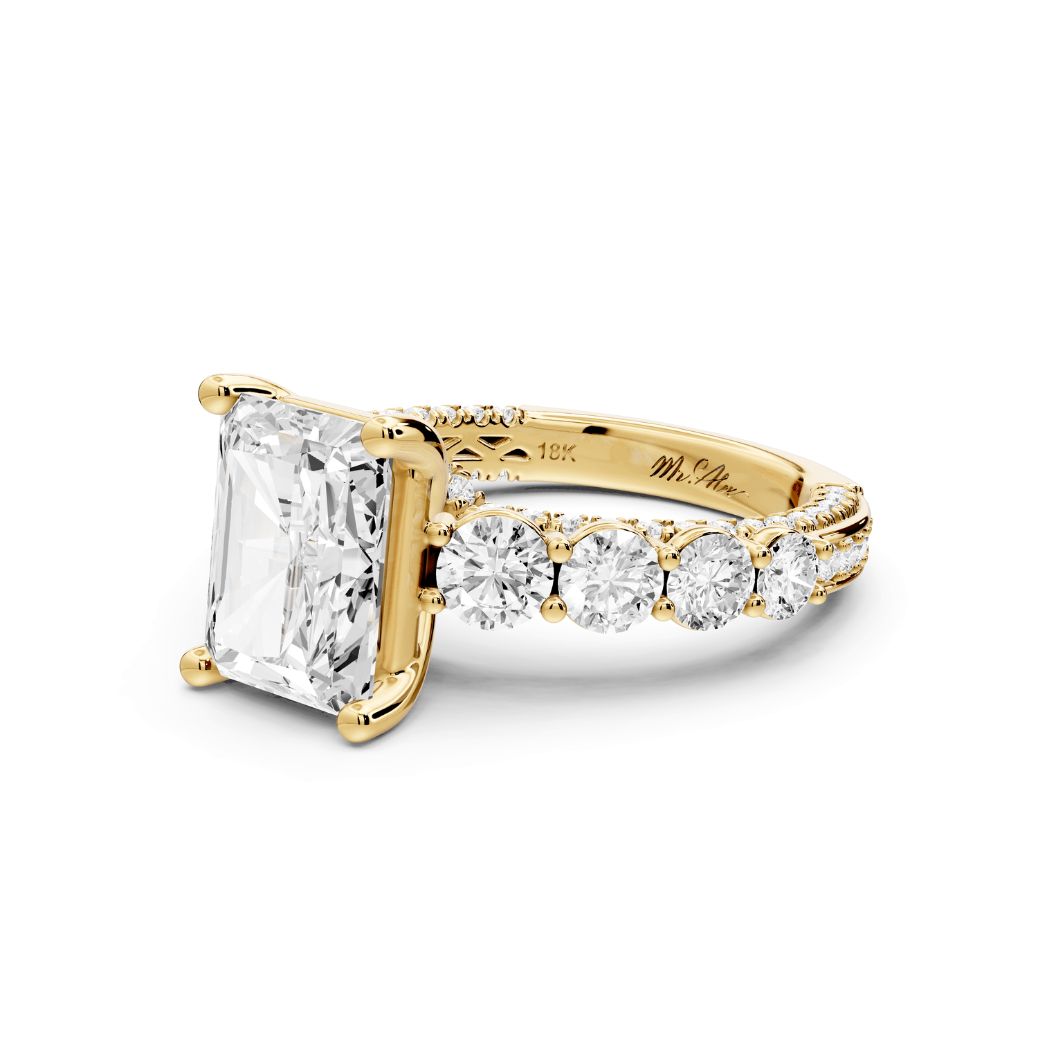 Rocio - 3ct 18k yellow gold Radiant Hidden Halo Engagement Ring with Graduated Side Stones and Double Pavé Band - Mr. Alex Jewelry