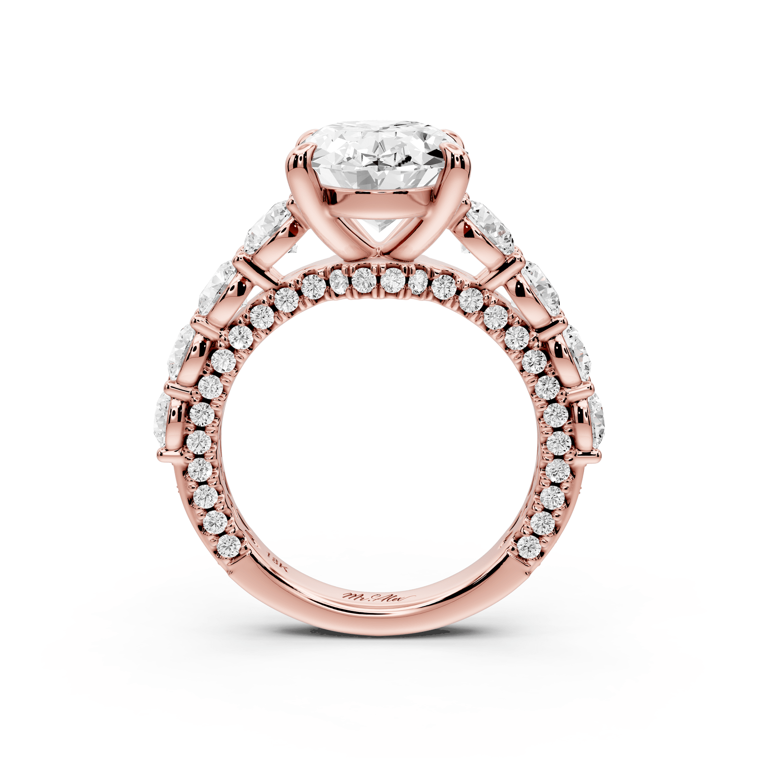 Rocio - 4ct 14k rose gold Oval Hidden Halo Engagement Ring with Graduated Side Stones and Double Pavé Band - Mr. Alex Jewelry