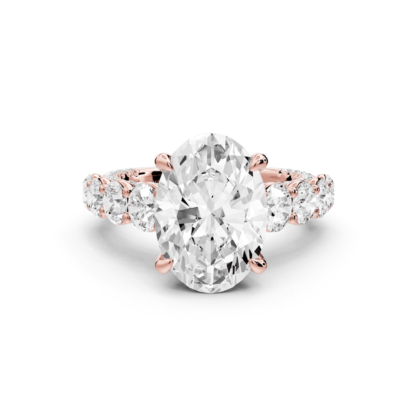 Rocio - 4ct 14k rose gold Oval Hidden Halo Engagement Ring with Graduated Side Stones and Double Pavé Band - Mr. Alex Jewelry