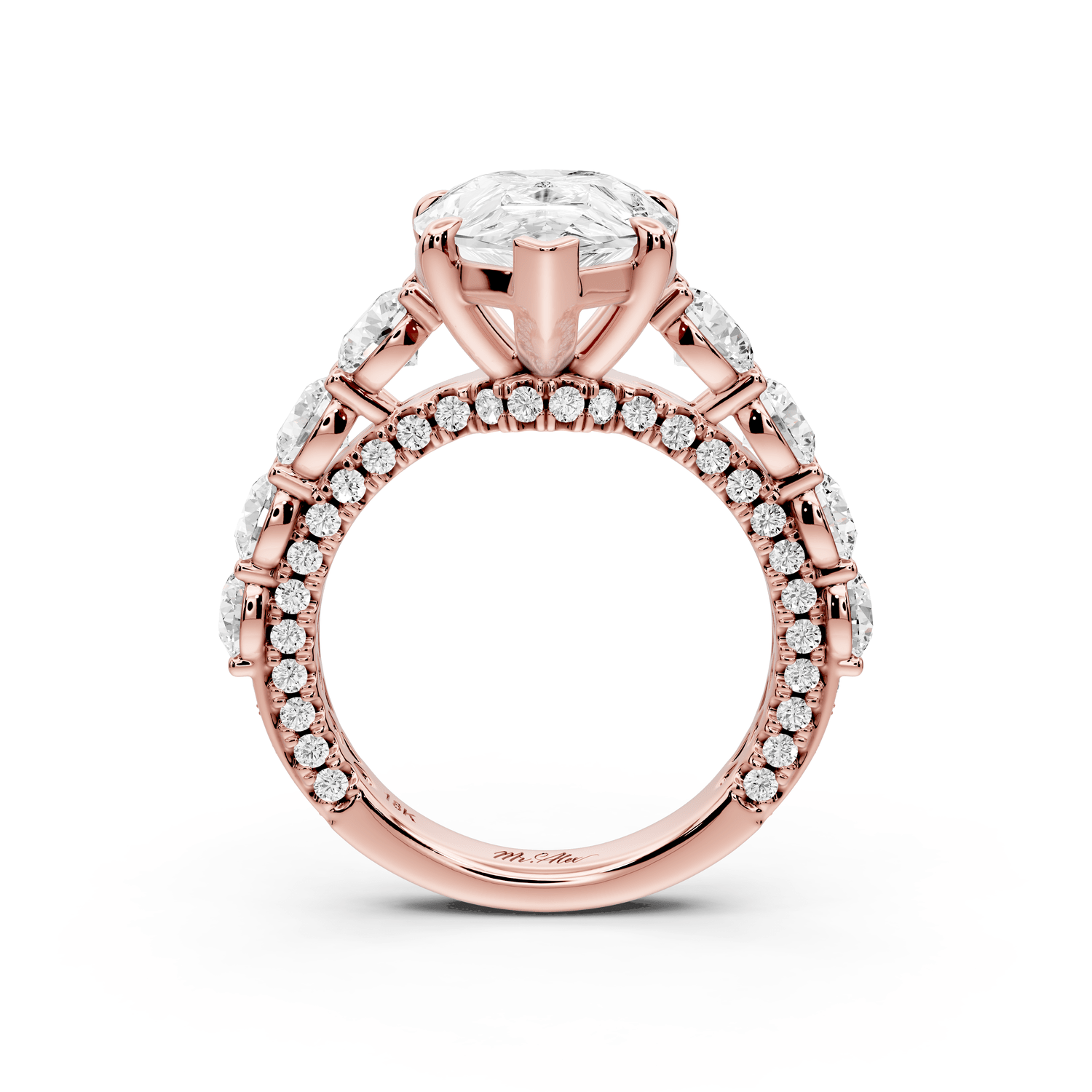 Rocio - 4ct 14k rose gold Pear Hidden Halo Engagement Ring with Graduated Side Stones and Double Pavé Band - Mr. Alex Jewelry