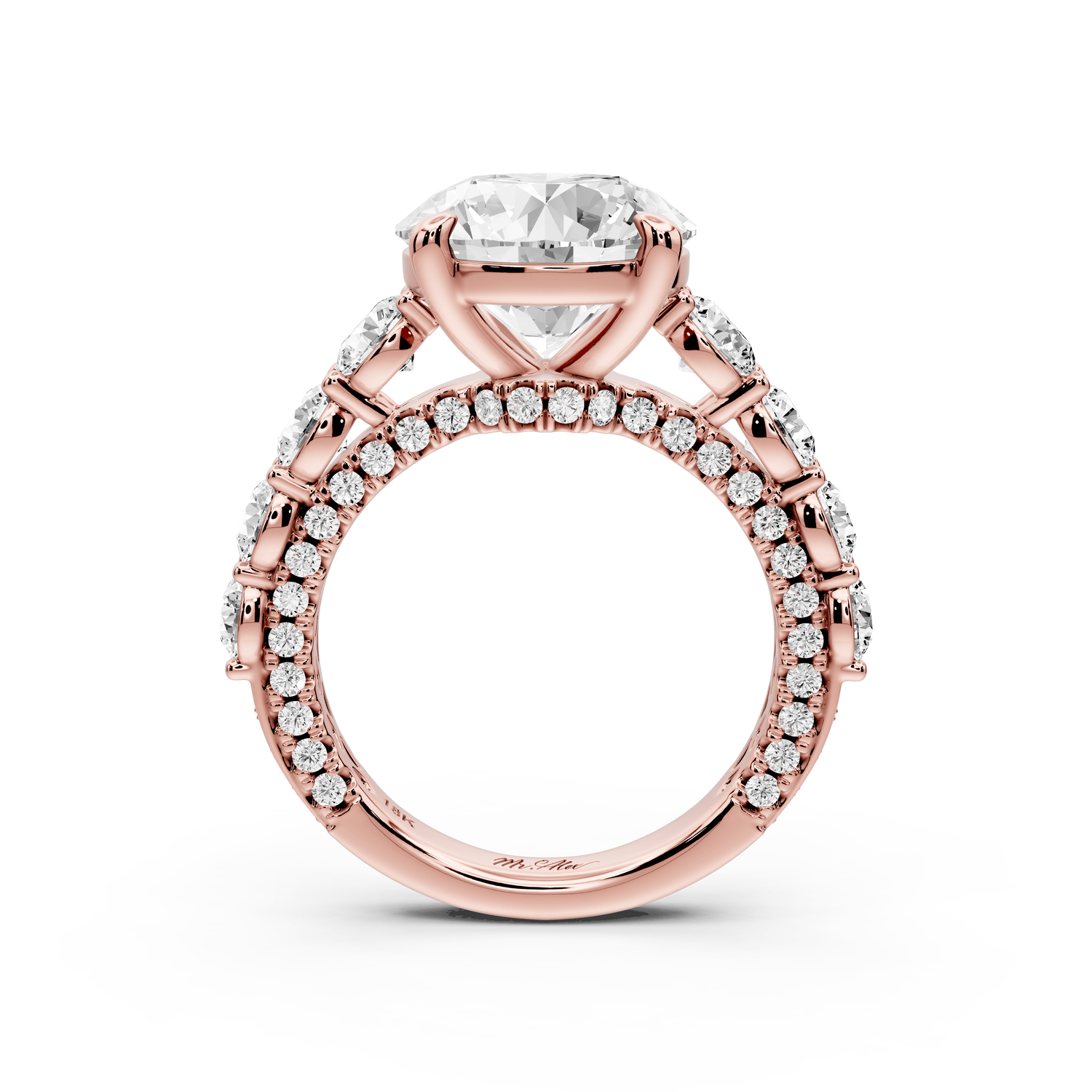 Rocio - 4ct 14k rose gold Round Hidden Halo Engagement Ring with Graduated Side Stones and Double Pavé Band - Mr. Alex Jewelry