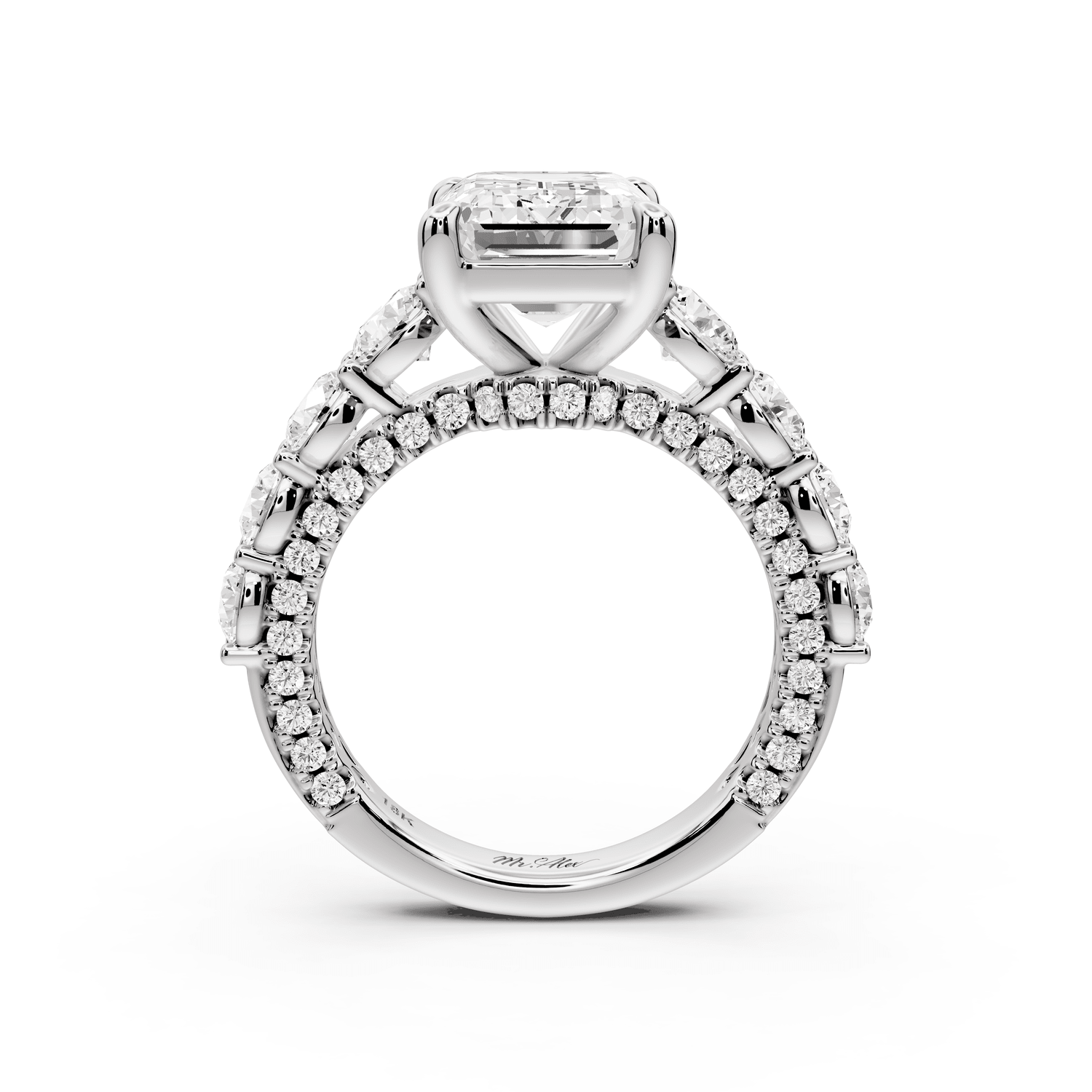 Rocio - 4ct 14k white gold Emerald Hidden Halo Engagement Ring with Graduated Side Stones and Double Pavé Band - Mr. Alex Jewelry