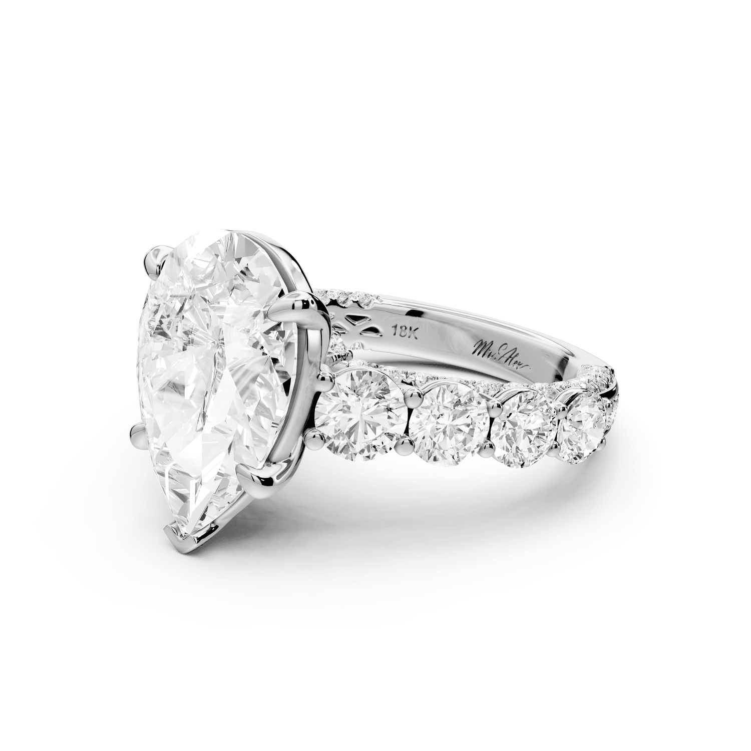 Rocio - 4ct 14k white gold Pear Hidden Halo Engagement Ring with Graduated Side Stones and Double Pavé Band - Mr. Alex Jewelry
