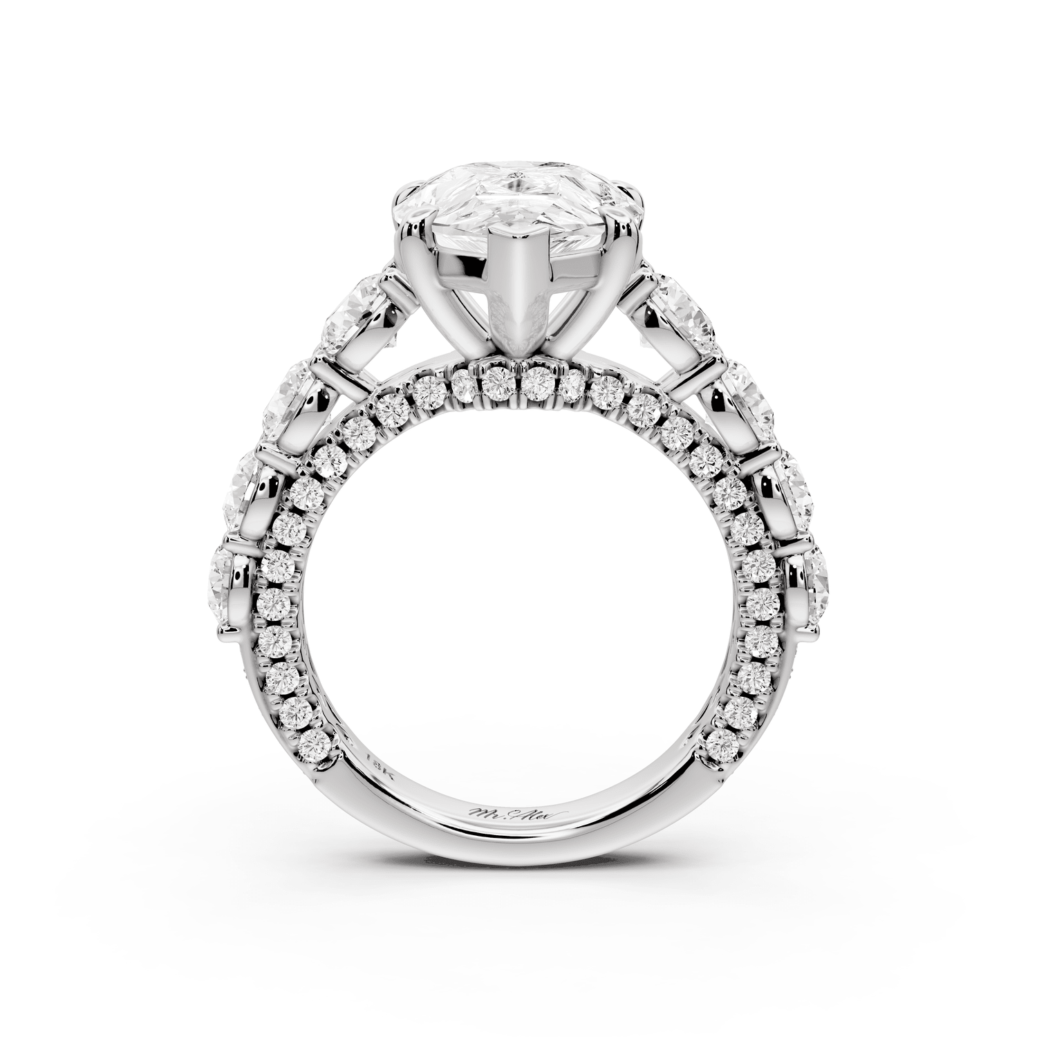 Rocio - 4ct 14k white gold Pear Hidden Halo Engagement Ring with Graduated Side Stones and Double Pavé Band - Mr. Alex Jewelry