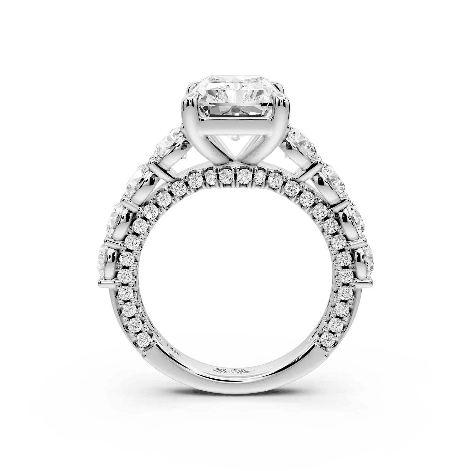 Rocio - 4ct 14k white gold Radiant Hidden Halo Engagement Ring with Graduated Side Stones and Double Pavé Band - Mr. Alex Jewelry