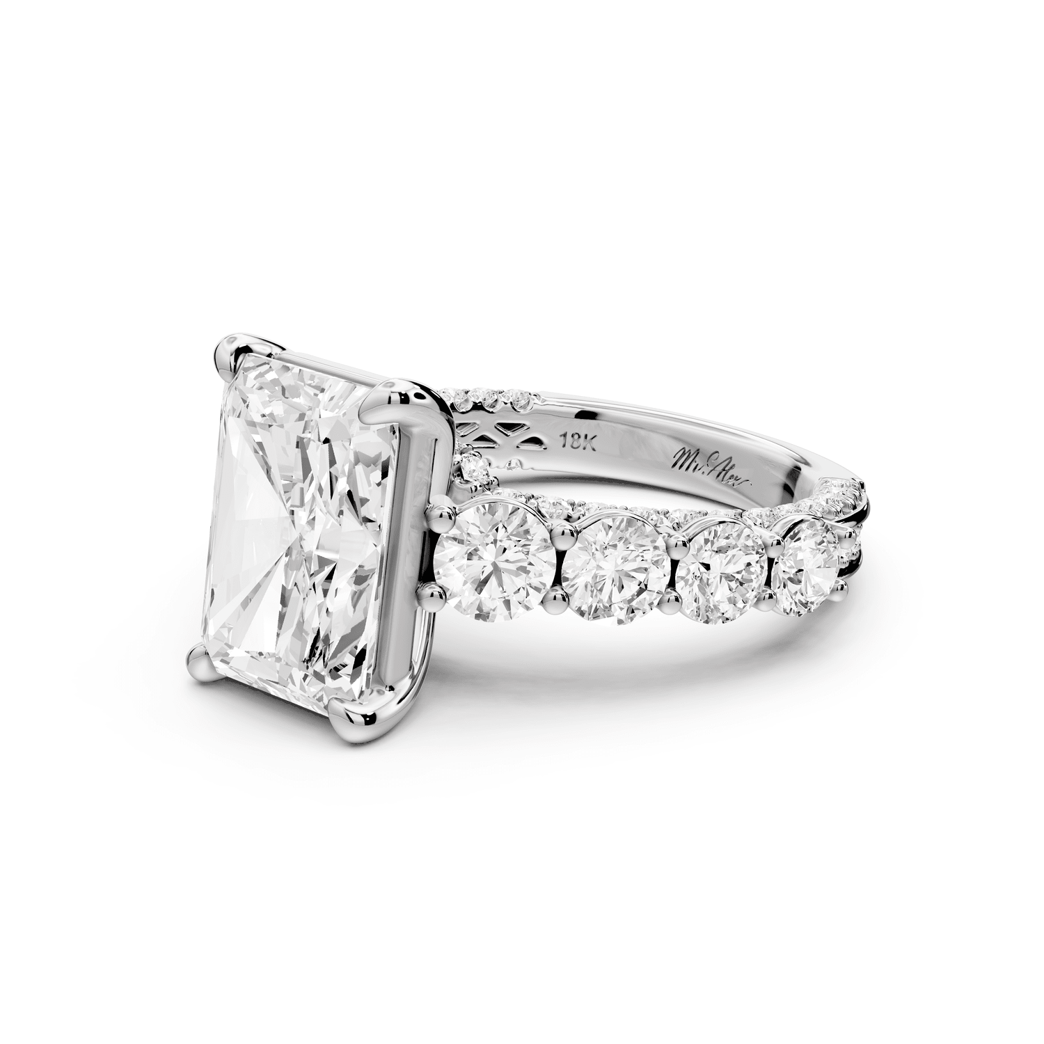 Rocio - 4ct 14k white gold Radiant Hidden Halo Engagement Ring with Graduated Side Stones and Double Pavé Band - Mr. Alex Jewelry