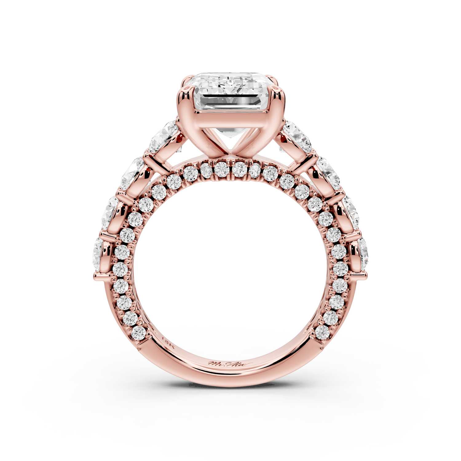 Rocio - 4ct 18k rose gold Emerald Hidden Halo Engagement Ring with Graduated Side Stones and Double Pavé Band - Mr. Alex Jewelry