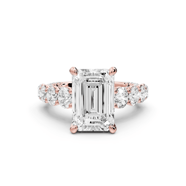 Rocio - 4ct 18k rose gold Emerald Hidden Halo Engagement Ring with Graduated Side Stones and Double Pavé Band - Mr. Alex Jewelry