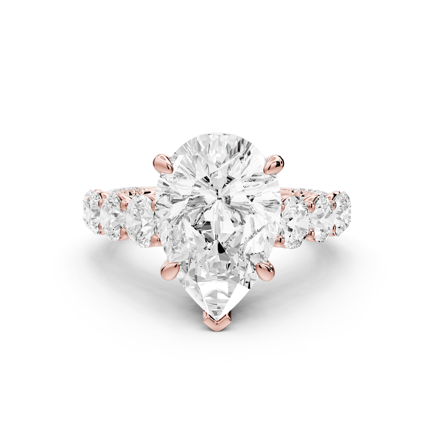 Rocio - 4ct 18k rose gold Pear Hidden Halo Engagement Ring with Graduated Side Stones and Double Pavé Band - Mr. Alex Jewelry