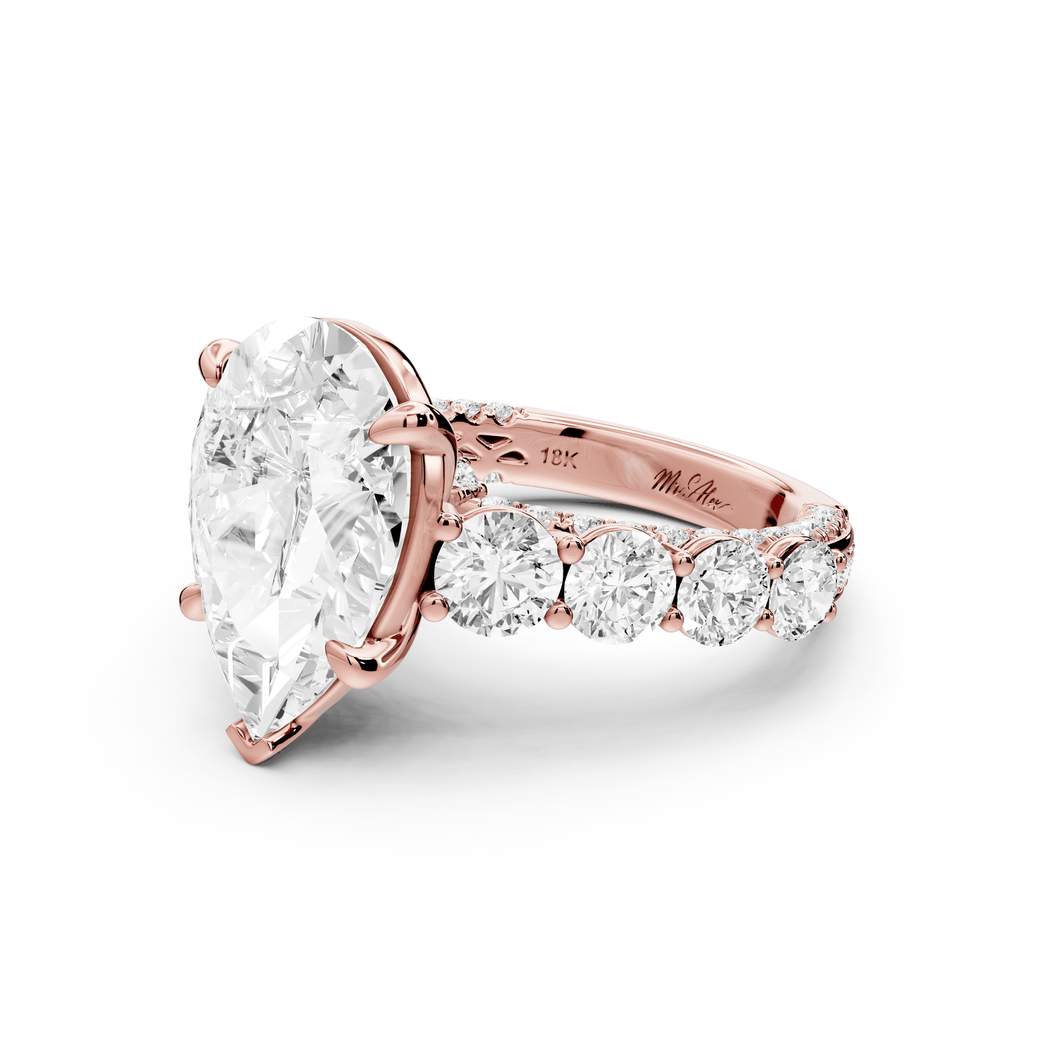Rocio - 4ct 18k rose gold Pear Hidden Halo Engagement Ring with Graduated Side Stones and Double Pavé Band - Mr. Alex Jewelry
