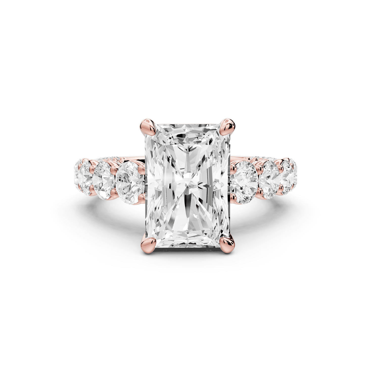 Rocio - 4ct 18k rose gold Radiant Hidden Halo Engagement Ring with Graduated Side Stones and Double Pavé Band - Mr. Alex Jewelry