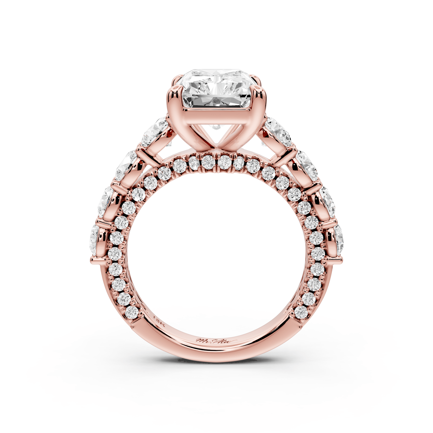 Rocio - 4ct 18k rose gold Radiant Hidden Halo Engagement Ring with Graduated Side Stones and Double Pavé Band - Mr. Alex Jewelry