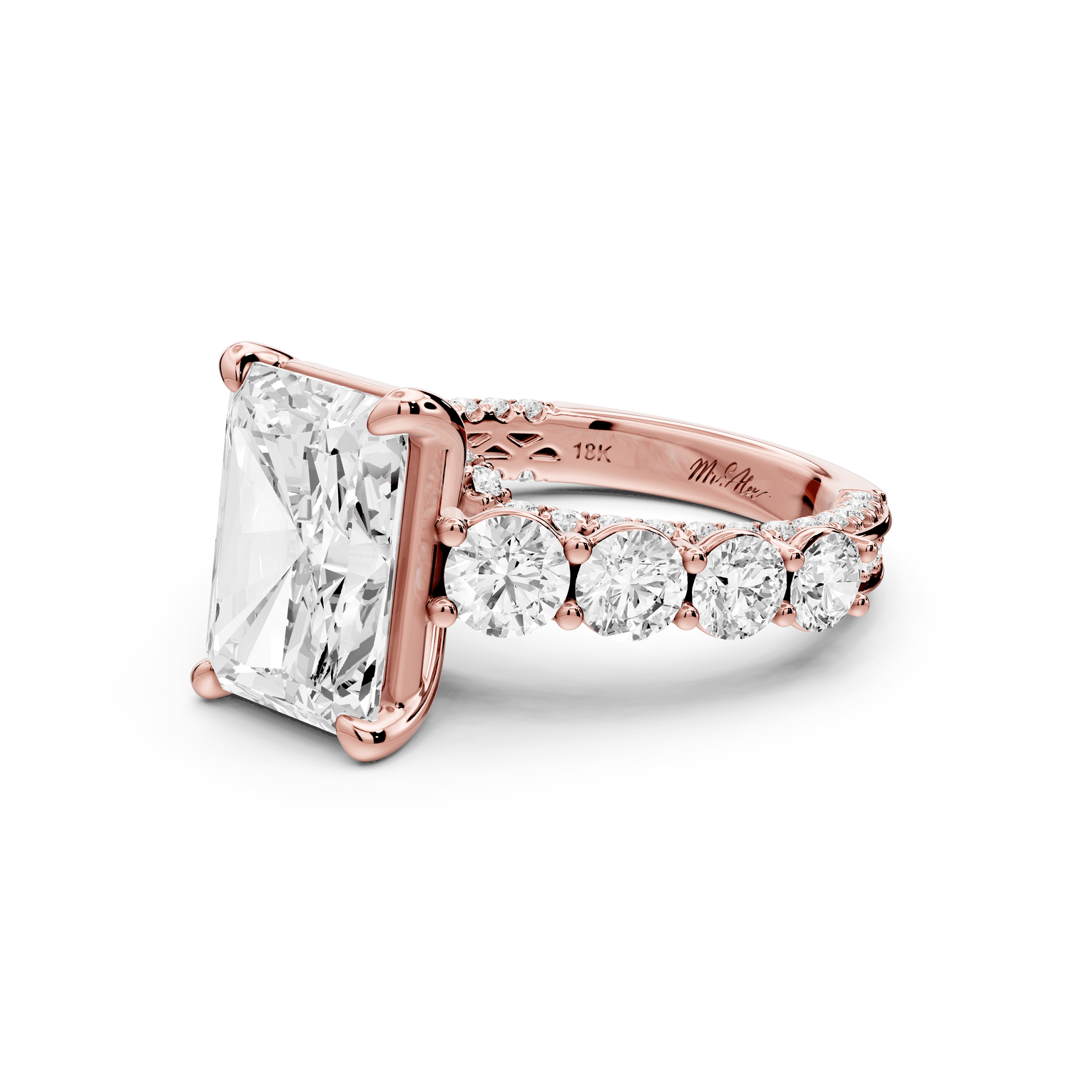 Rocio - 4ct 18k rose gold Radiant Hidden Halo Engagement Ring with Graduated Side Stones and Double Pavé Band - Mr. Alex Jewelry