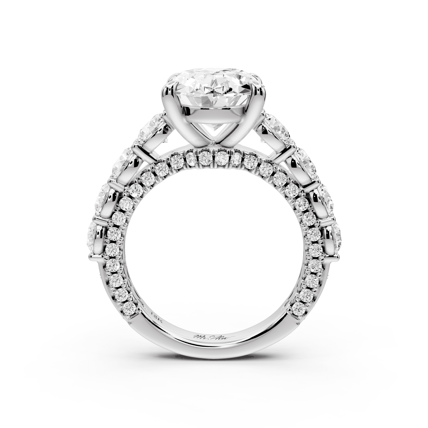 Rocio - 4ct 18k white gold Oval Hidden Halo Engagement Ring with Graduated Side Stones and Double Pavé Band - Mr. Alex Jewelry