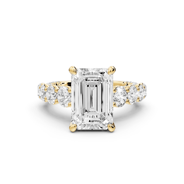 Rocio - 4ct 18k yellow gold Emerald Hidden Halo Engagement Ring with Graduated Side Stones and Double Pavé Band - Mr. Alex Jewelry