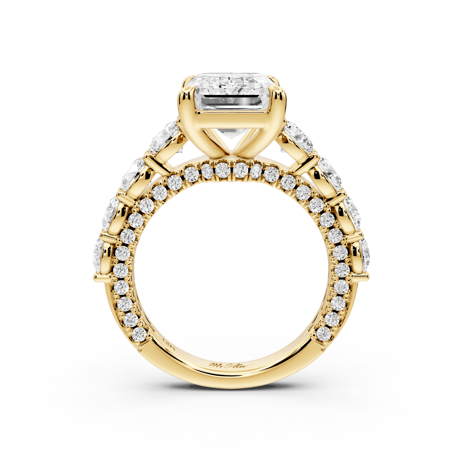 Rocio - 4ct 18k yellow gold Emerald Hidden Halo Engagement Ring with Graduated Side Stones and Double Pavé Band - Mr. Alex Jewelry
