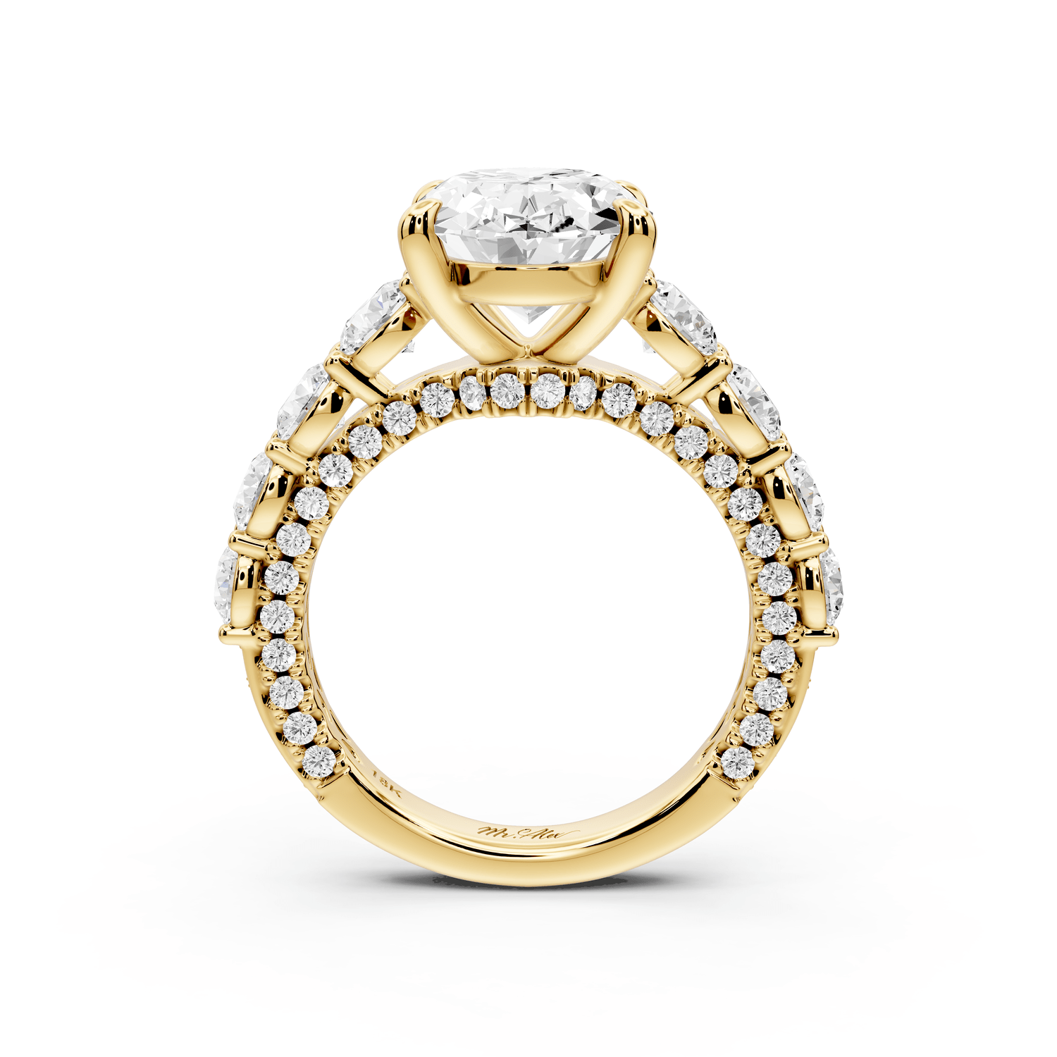Rocio - 4ct 18k yellow gold Oval Hidden Halo Engagement Ring with Graduated Side Stones and Double Pavé Band - Mr. Alex Jewelry