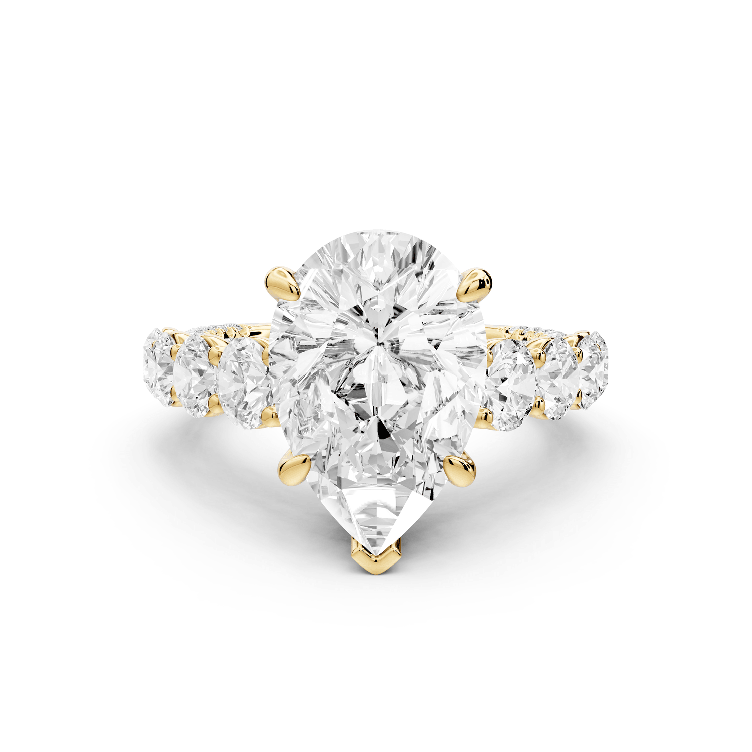 Rocio - 4ct 18k yellow gold Pear Hidden Halo Engagement Ring with Graduated Side Stones and Double Pavé Band - Mr. Alex Jewelry