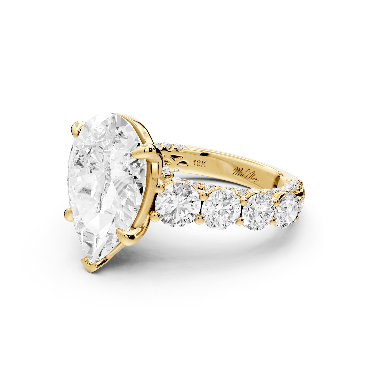 Rocio - 4ct 18k yellow gold Pear Hidden Halo Engagement Ring with Graduated Side Stones and Double Pavé Band - Mr. Alex Jewelry