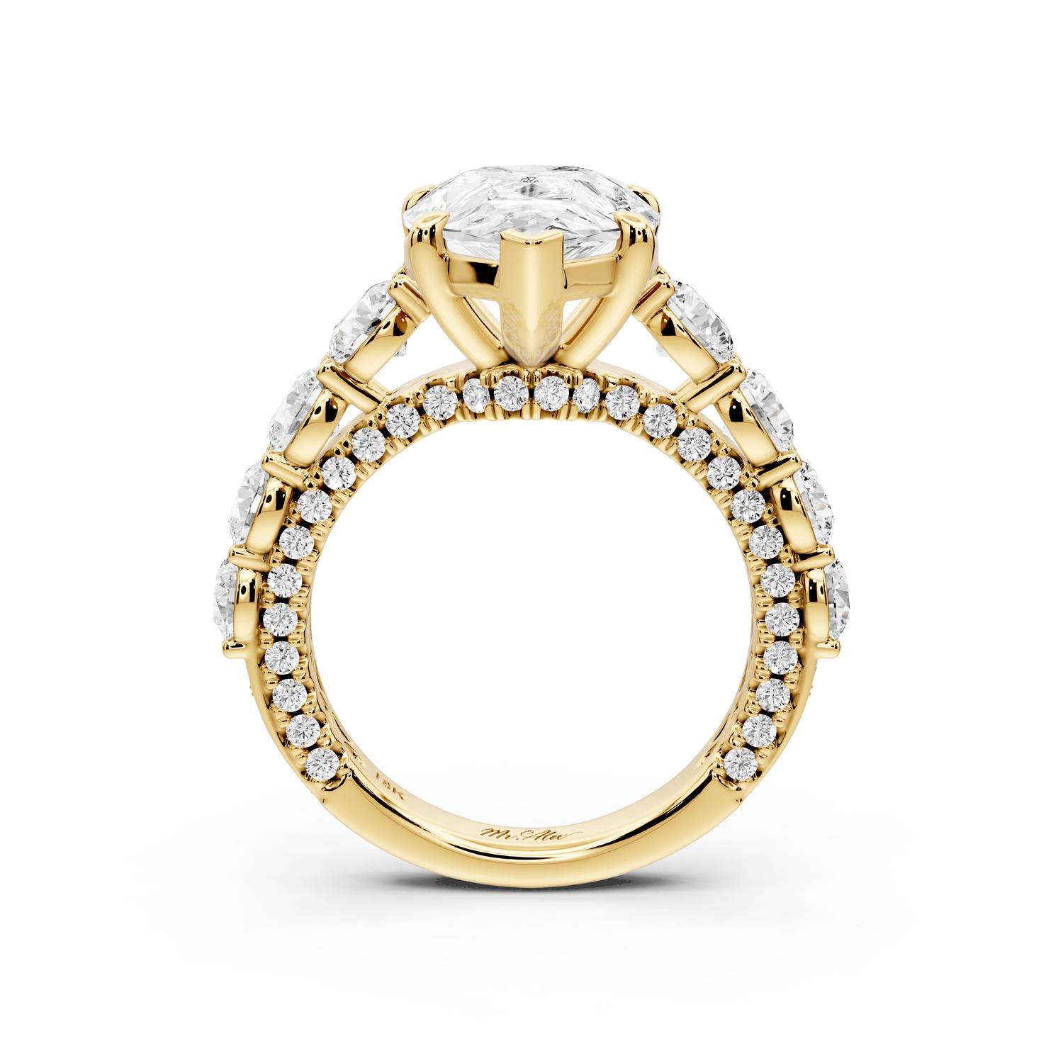 Rocio - 4ct 18k yellow gold Pear Hidden Halo Engagement Ring with Graduated Side Stones and Double Pavé Band - Mr. Alex Jewelry