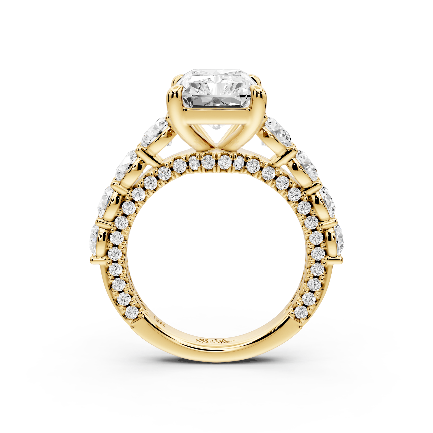 Rocio - 4ct 18k yellow gold Radiant Hidden Halo Engagement Ring with Graduated Side Stones and Double Pavé Band - Mr. Alex Jewelry
