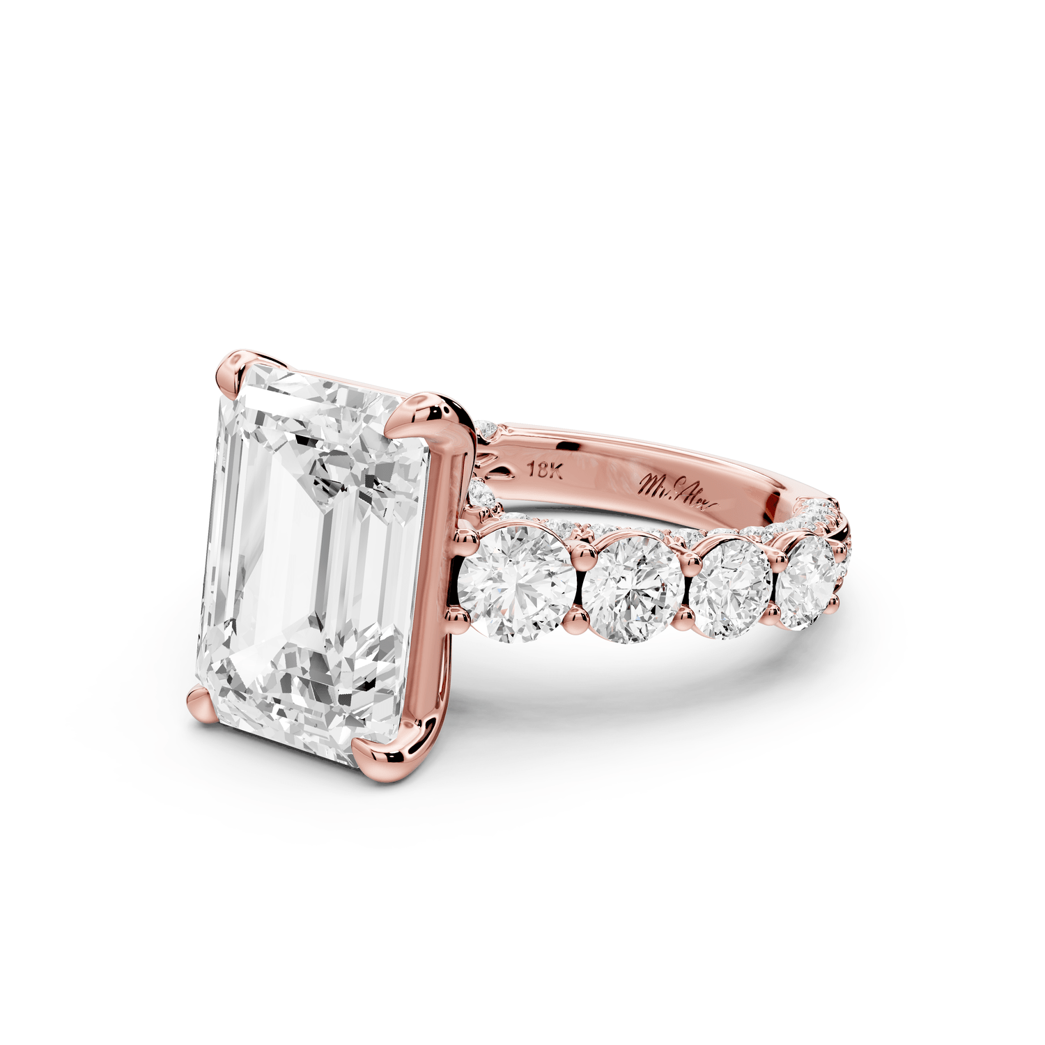 Rocio - 5ct 14k rose gold Emerald Hidden Halo Engagement Ring with Graduated Side Stones and Double Pavé Band - Mr. Alex Jewelry