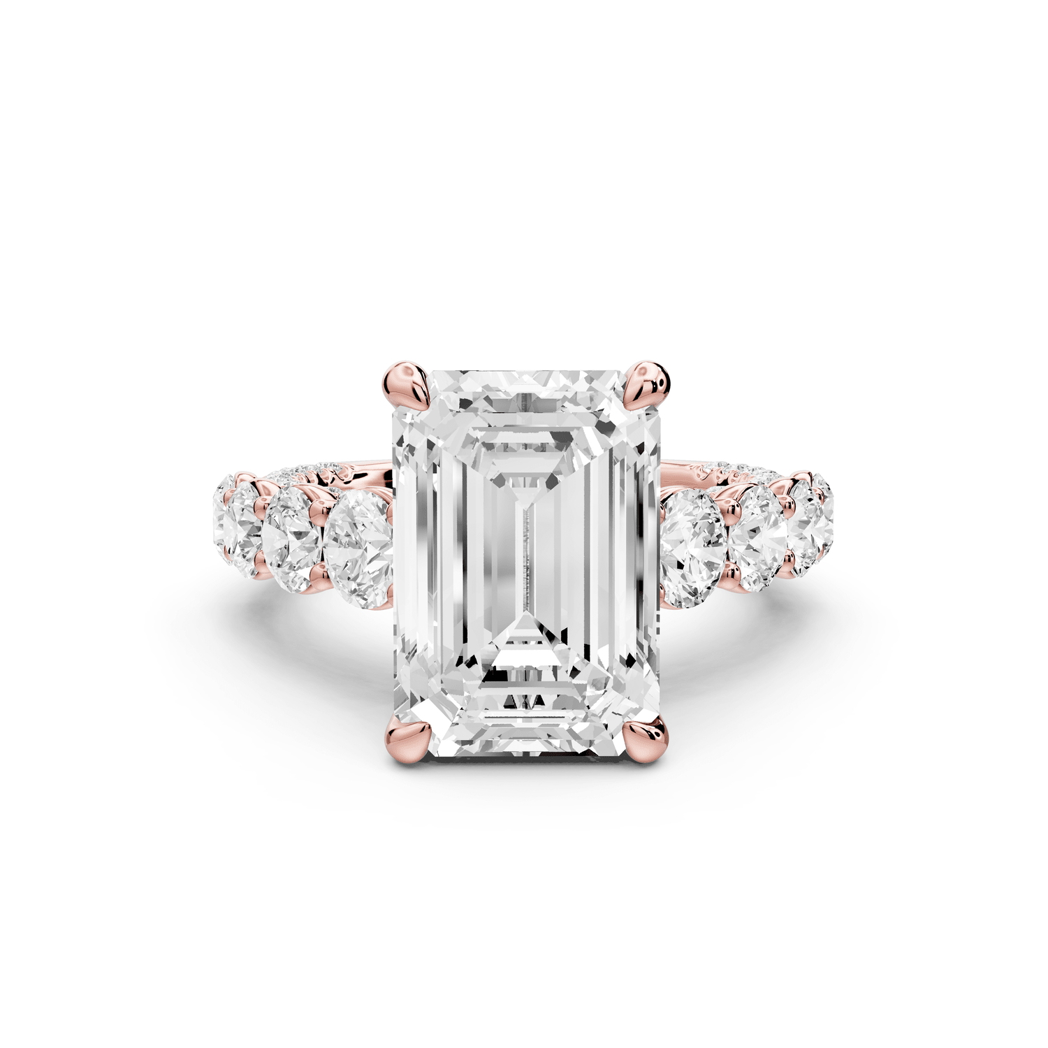 Rocio - 5ct 14k rose gold Emerald Hidden Halo Engagement Ring with Graduated Side Stones and Double Pavé Band - Mr. Alex Jewelry