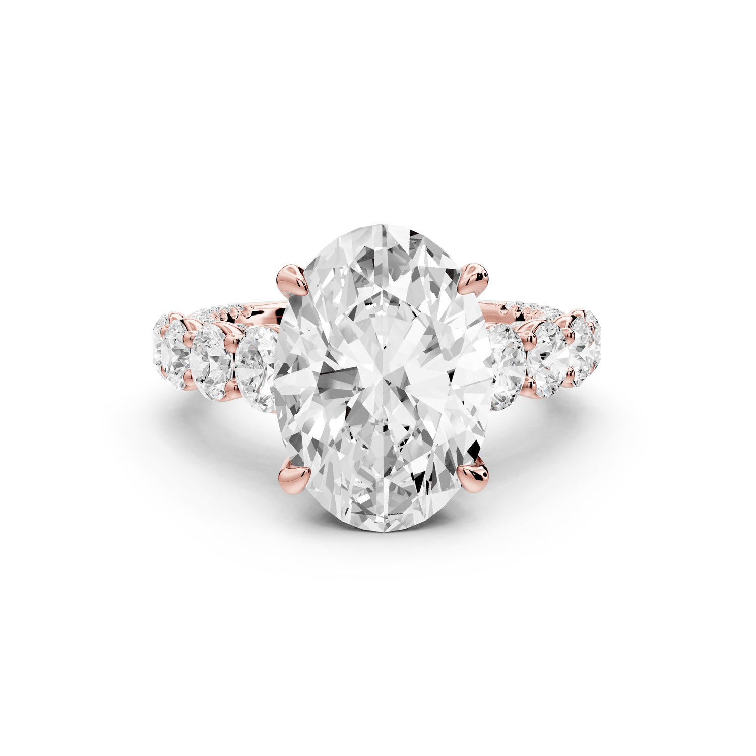 Rocio - 5ct 14k rose gold Oval Hidden Halo Engagement Ring with Graduated Side Stones and Double Pavé Band - Mr. Alex Jewelry